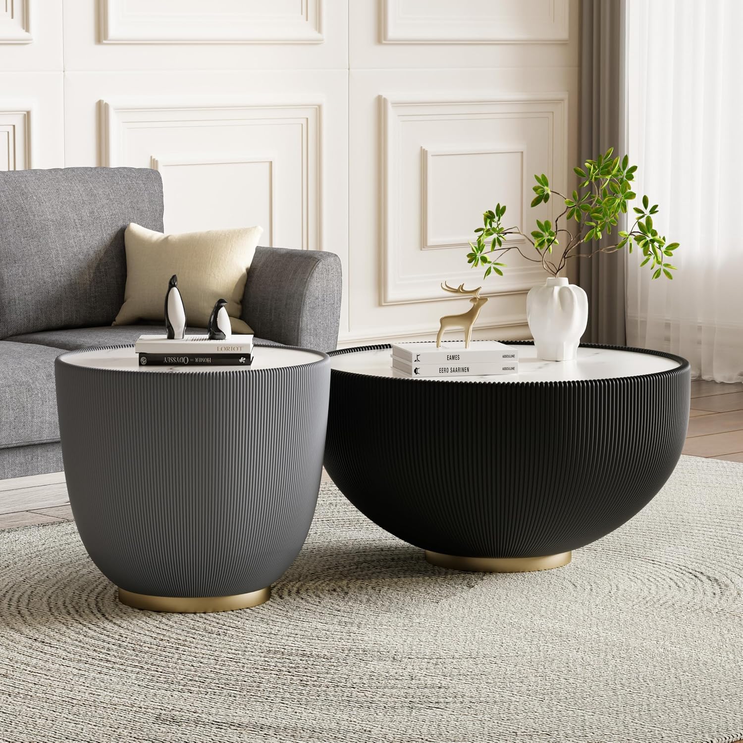 Round Living Room Table Set, 27.56' Black Drum Center Table and 19.69' Grey Coffee Table Set, 2 Pieces Coffee Table Set with Sintered Stone Tabletop, Fluted PU Leather Covered and Metal Base