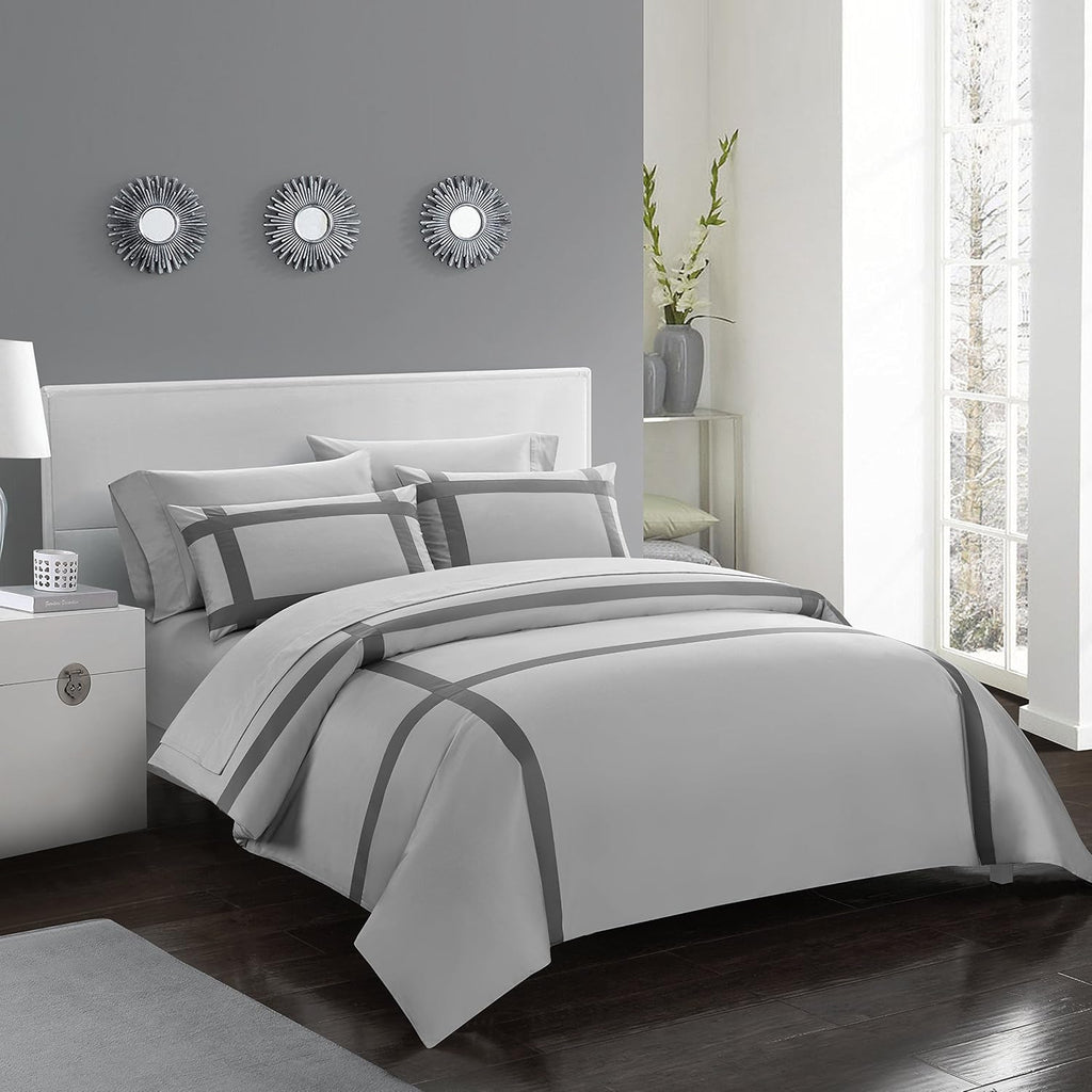 Casabolaj Equilibrio 3 Pieces Casual Duvet Cover Set-100% Egyptian Cotton Sateen 400 Thread Count-Modern Minimalist Bedding Sets Cross Patchwork Manufacturing-Silver/Grey Color (Full)