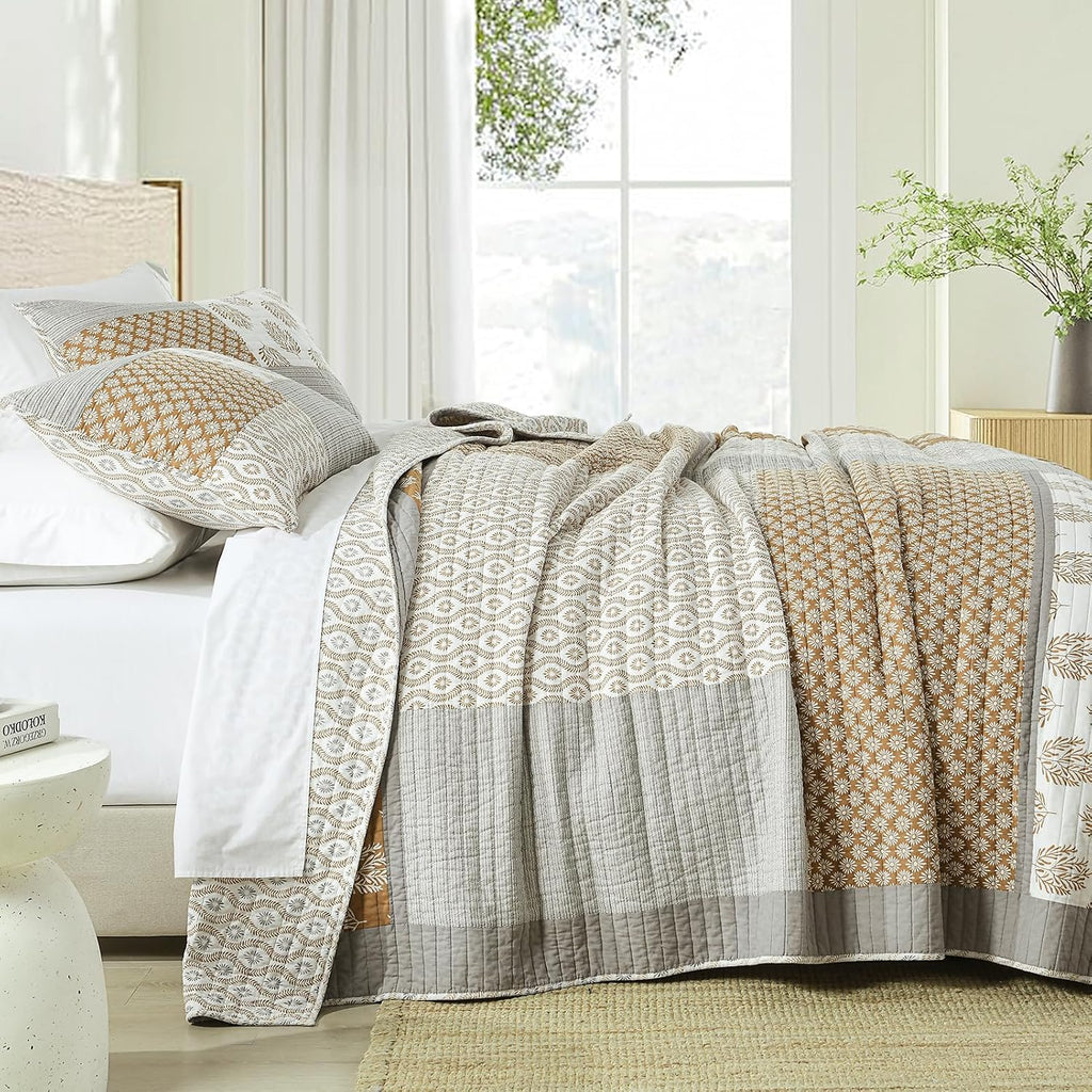 Finlonte King Size Quilt, 100% Cotton Comforter King Size, Brown Grey Farmhouse Quilted Bedspread, Patchwork Lightweight Reversible Quilt Bedding Set for King Bed, 3-Pieces