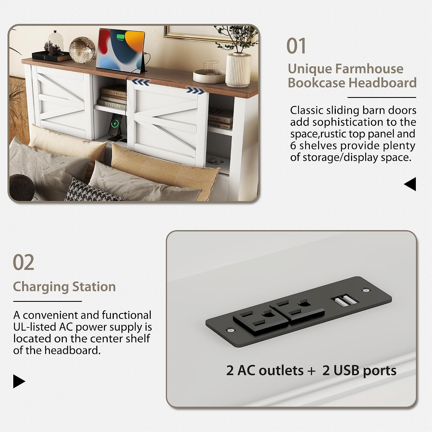 3PCS Bedroom Sets, Full Size Farmhouse Platform Bed with Double Sliding Door Storage Headboard, Cabinet & Nightstand, 3PCS Bedroom Sets with USB, for Kids, Adults, White