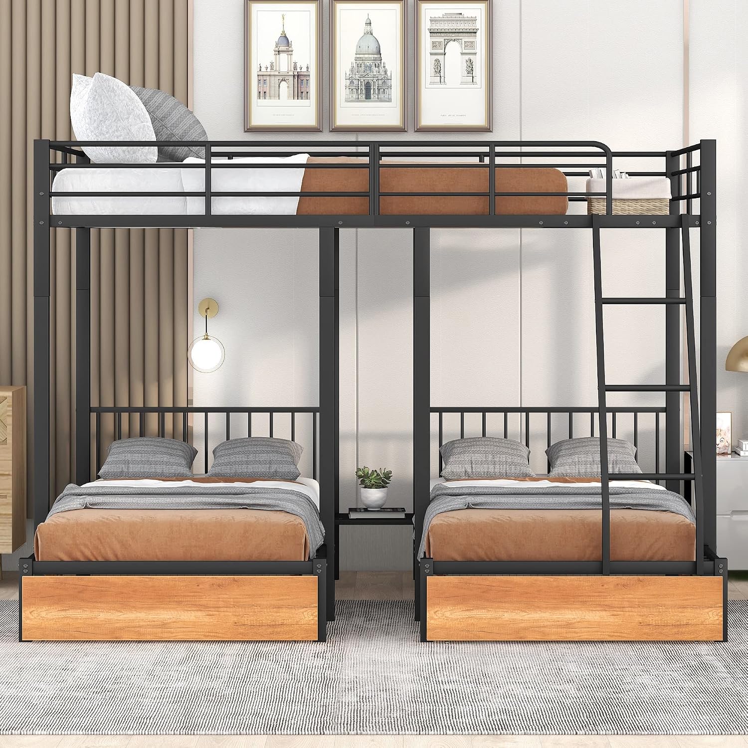 Full Over Twin & Twin Bunk Bed, Heavy Duty Metal Triple Bunk Bed with Drawers and Guardrails, Can be Divided into 3 Separate Beds, Triple Bunk Bed Frame for Kids Teens Aldults (Black + Metal)