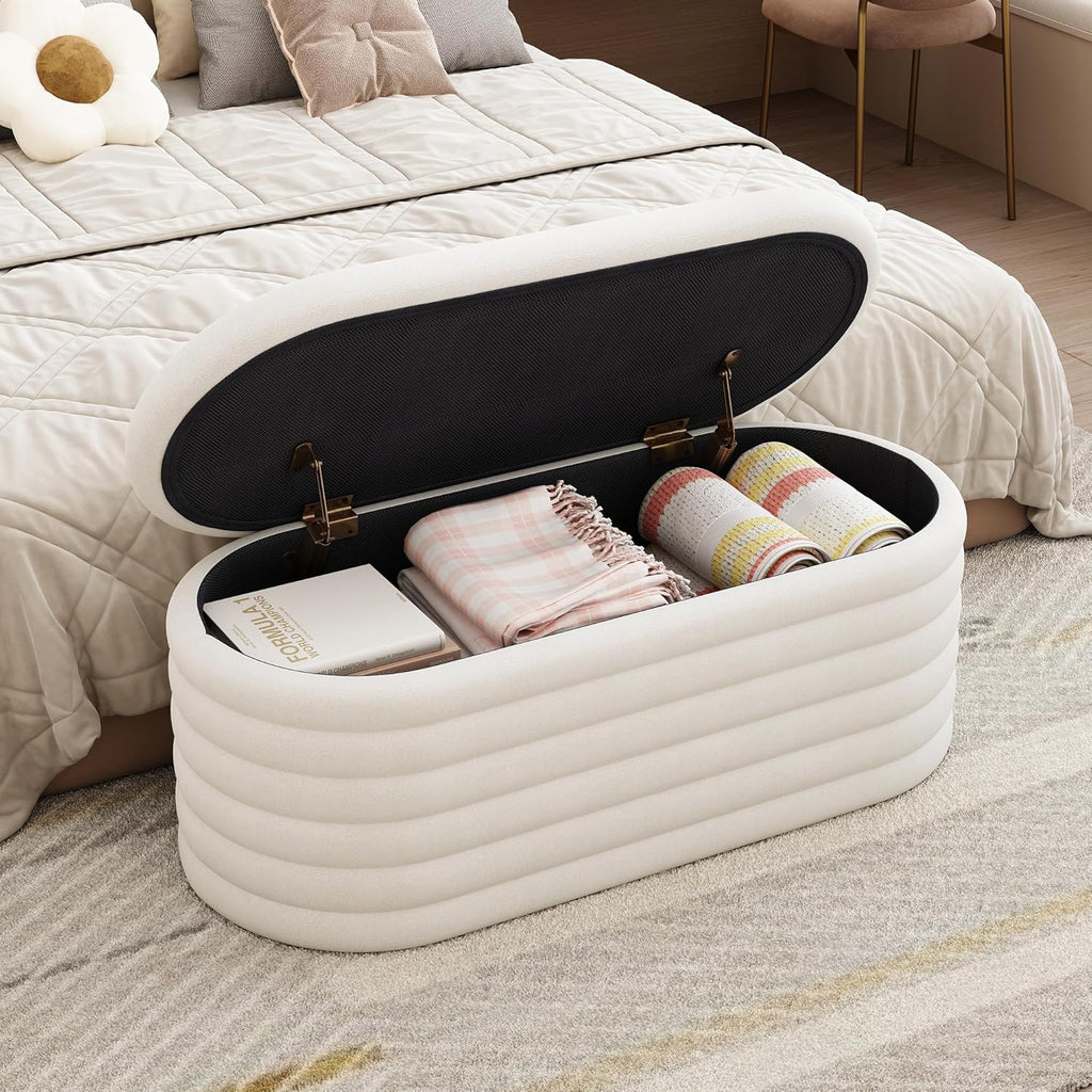 Storage Ottoman Bench 40 inch Upholstered Chenille Fabric Storage Bench for Bedroom End of Bed Stool Aesthetic Large Storag Ottoman for Living Room Entryway,Beige White