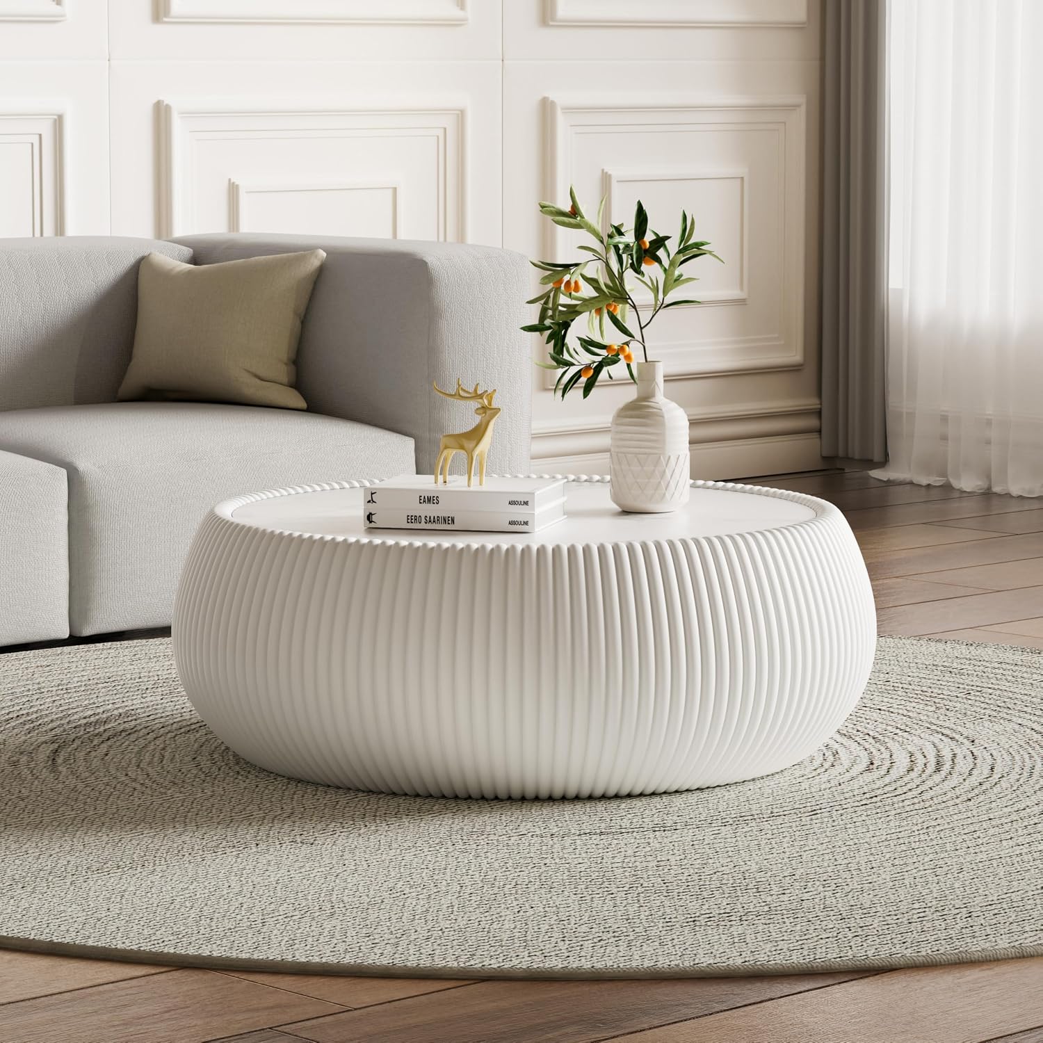 27.55' White Round Coffee Table, Drum Coffee Table with Sintered Stone Tabletop and Fluted PU Leather Covered and Stable Base, Circle Cocktail Tea Table for Living Room