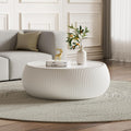 White Round Coffee Table, 27.55' Drum Coffee Table with Sintered Stone Tabletop and Fluted PU Leather Covered and Stable Base, Circle Cocktail Tea Table for Living Room