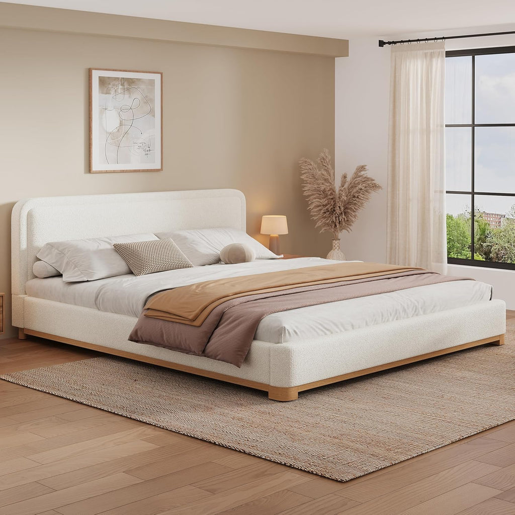 Christopher Knight Home Robey California King Size Bed Frame with Headboard, Boucle California King Bed Frame and Headboard, Wooden Slat Support, No Box Spring Needed, Easy Assembly, White