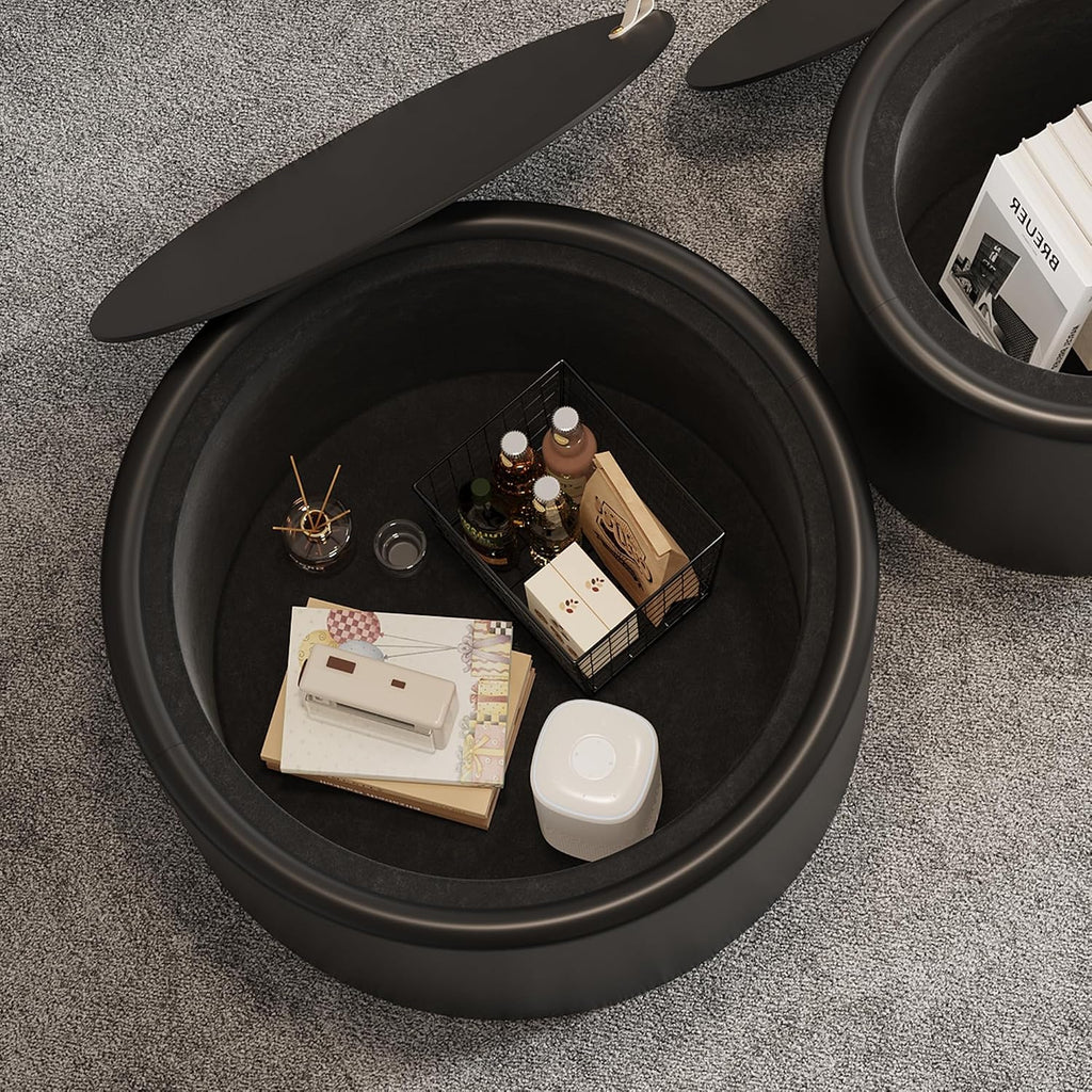 27.56' Black Round Coffee Table with Hidden Storage, Drum Coffee Table with Tempered Glass Top and PU Leather Body, Circle Cocktail Tea Table for Living Room, No Assemble