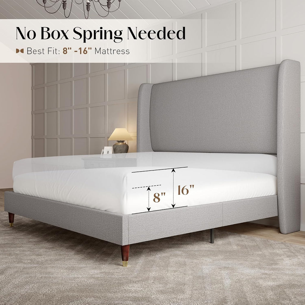 PaPaJet King Bed Frame with 51.2' Tall Wingback Headboard,Line Upholstered Platform Bed,Solid Wood Legs,No Box Spring Needed,Noise-Free&Easy Assembly,for Master Bedroom & Luxury Home,Light Grey
