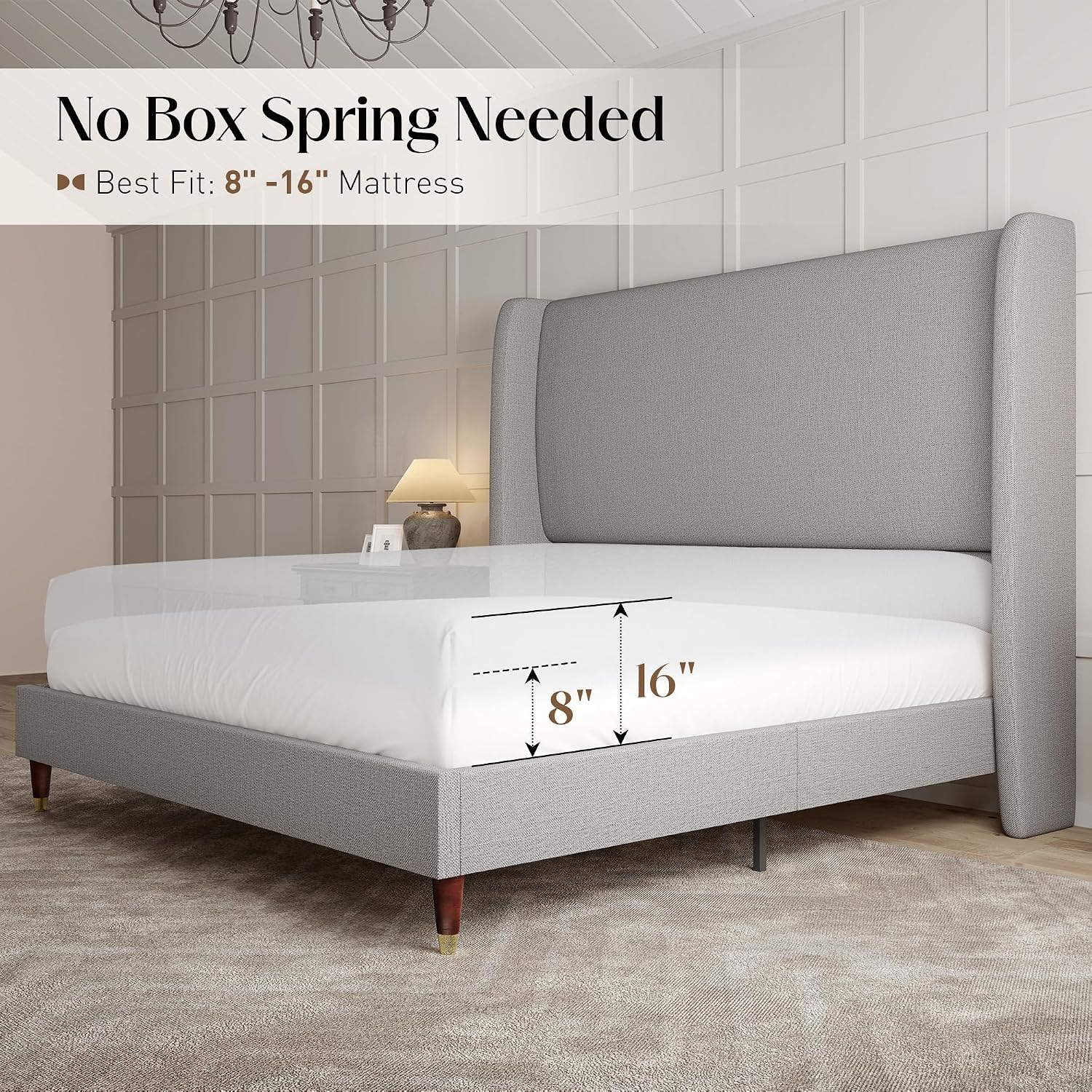 PaPaJet King Bed Frame with 51.2' Tall Wingback Headboard,Line Upholstered Platform Bed,Solid Wood Legs,No Box Spring Needed,Noise-Free&Easy Assembly,for Master Bedroom & Luxury Home,Light Grey