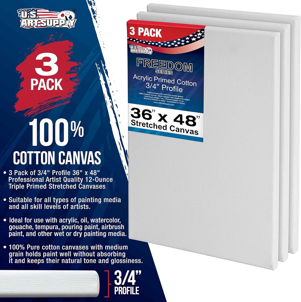 U.S. Art Supply 36 x 48 inch Stretched Canvas 12-Ounce Triple Primed, 3-Pack - Professional Artist Quality White Blank 3/4' Profile, 100% Cotton, Heavy-Weight Gesso - Acrylic Pouring, Oil Painting