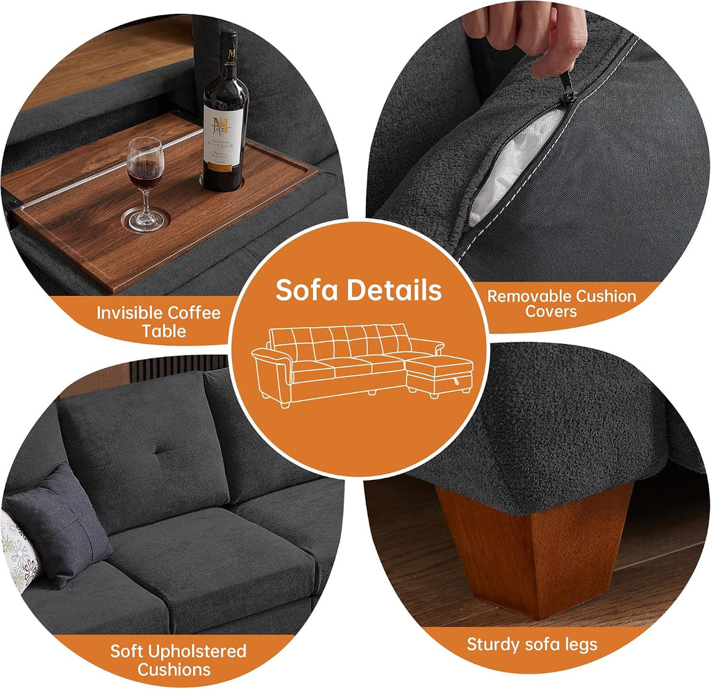 108' Sectional Sofa, Convertible L Shaped Sofa with Ottoman and Large Storage, 4 Seat Sectional Couch with Cup Holder, Couches for Living Room, Apartment, Office (Dark Grey)