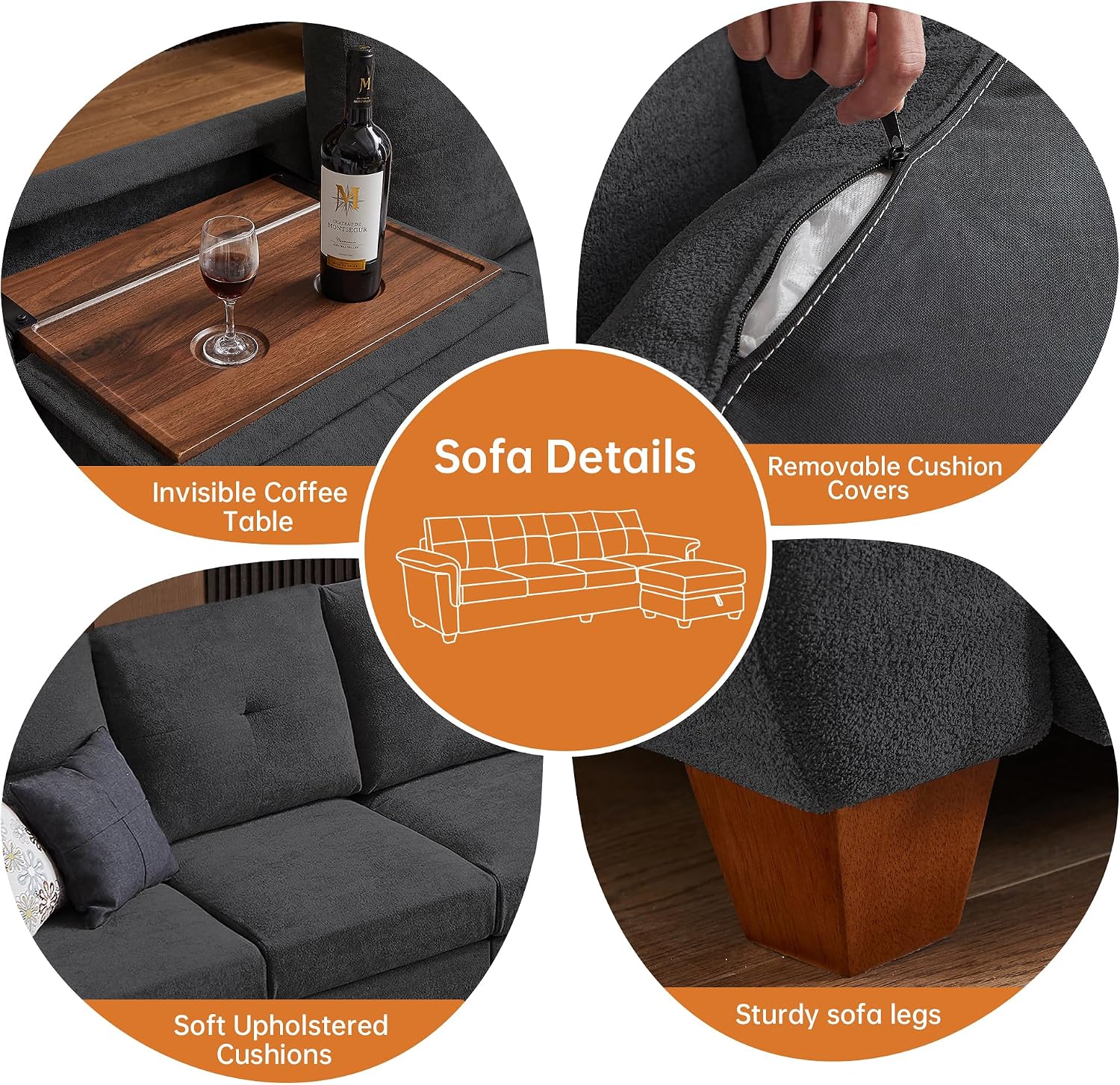 108' Sectional Sofa, Convertible L Shaped Sofa with Ottoman and Large Storage, 4 Seat Sectional Couch with Cup Holder, Couches for Living Room, Apartment, Office (Dark Grey)