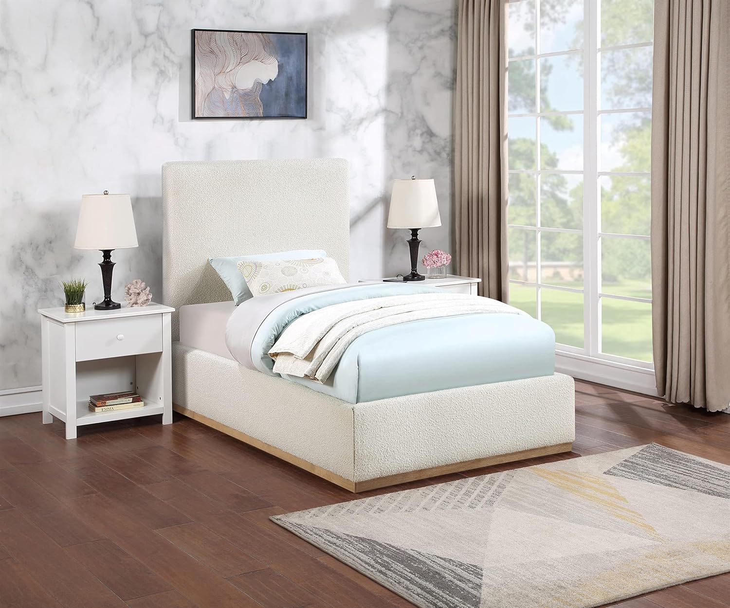 Meridian Furniture MonacoCream-T Monaco Collection Modern | Contemporary Boucle Fabric Upholstered Twin Bed withSolid Wood Natural Wire Brush Finish, 43.5' W x 82.5' D x 52' H, Cream, Twin