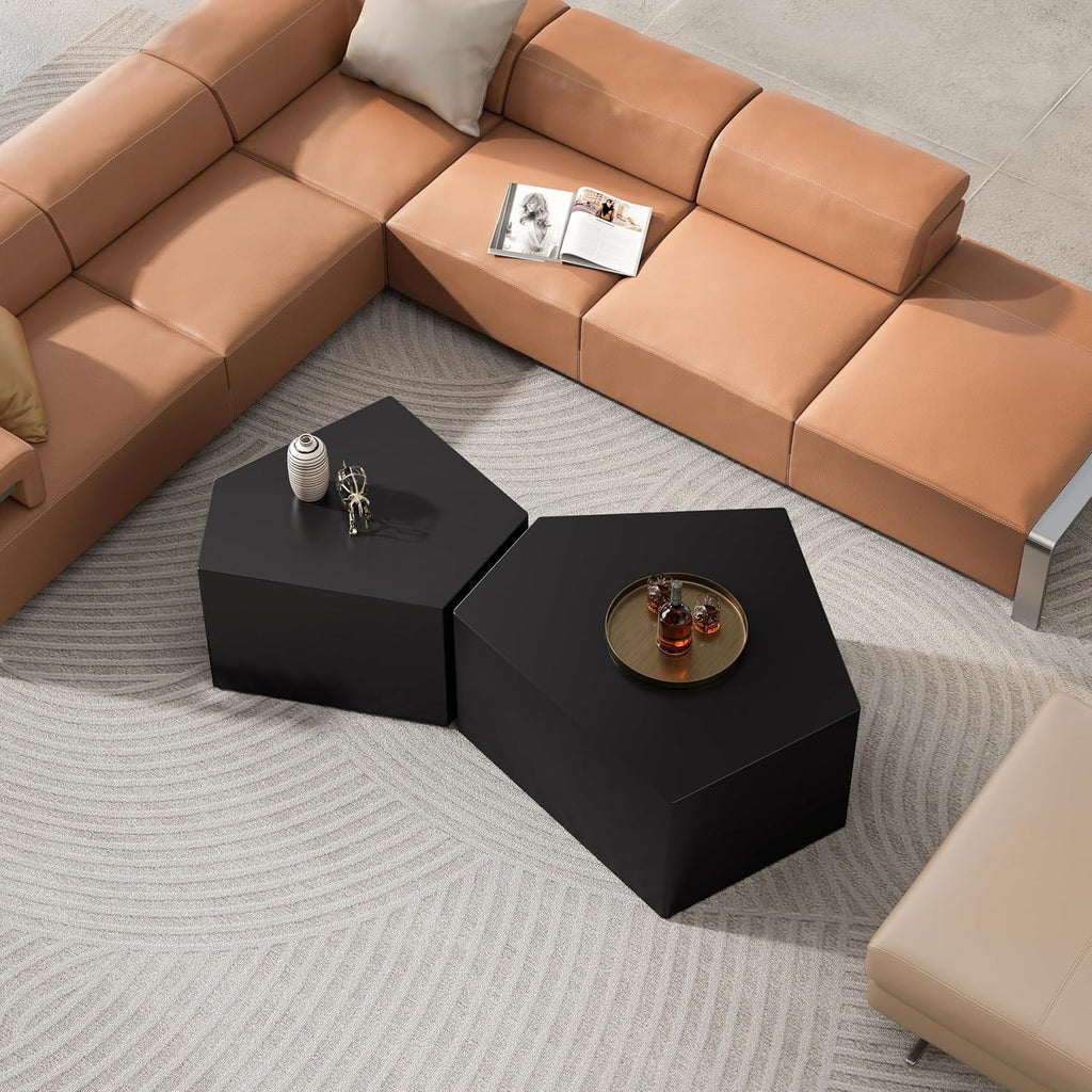 Irregular Nesting Coffee Table Set of 2, Modern Pentagon Side Table Set, 2 Piece Nesting End Table Accent Tables Coffee Table for Living Room Bedroom Apartment - Black
