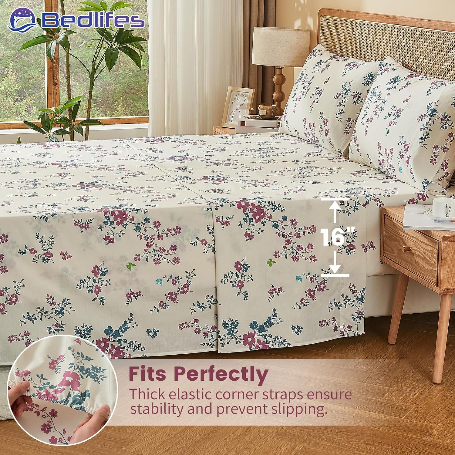 Bedlifes 100% French Linen Sheets Queen Size – Floral Printed, Botanical Pattern Breathable Cooling Sheet Set, 16' Deep Pocket, 4-Piece (Queen, Floral Red)