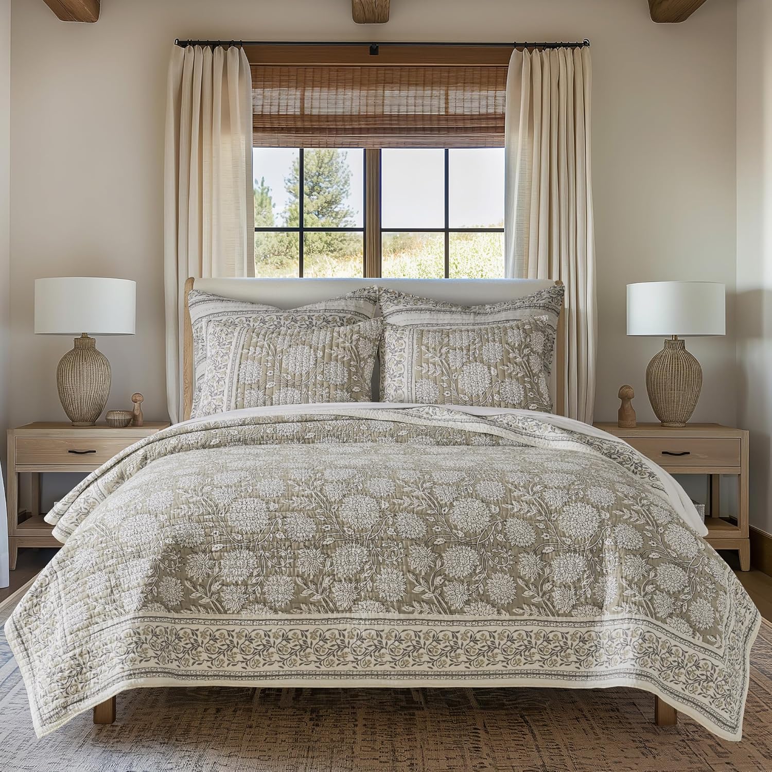 Levtex Home Adare Taupe Reversible Twin XL/Twin Quilt Set (68x86in) with 1 Pillow Sham (26x20in) - Floral Bedding - Taupe White - Cotton Twin Size Quilt Bedding Set - Lightweight, Soft, Pre-Washed