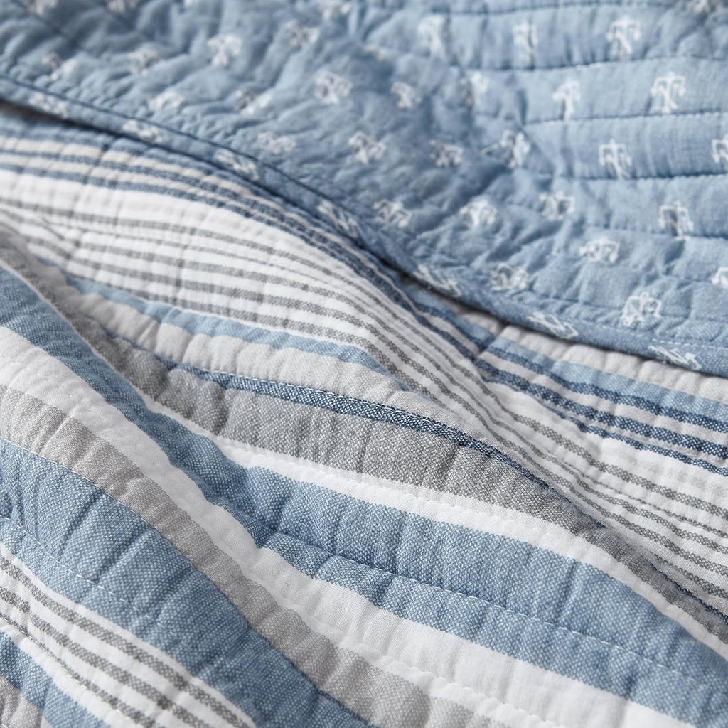 Nautica - Queen Quilt Set, 100% Cotton Bedding with Matching Shams, Reversible Stripe and Anchor Design, Lightweight for Year-Round Layering (Jettison Blue)