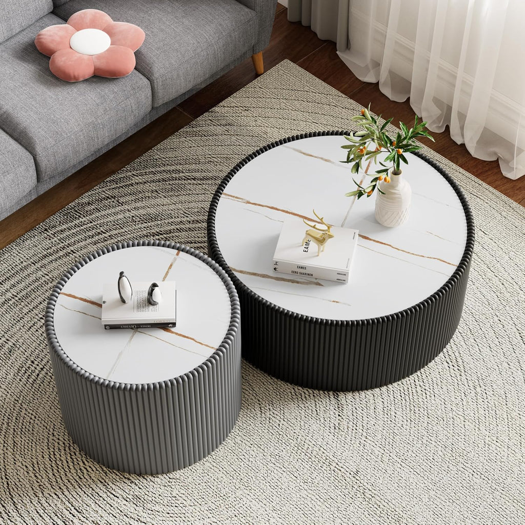 Round Coffee Table Set, 29.52' Black Drum Center Table and 17.71' Grey Coffee Table Set, 2 Pieces Living Room Table Set with Sintered Stone Tabletop, Fluted PU Leather Covered and Stable Base