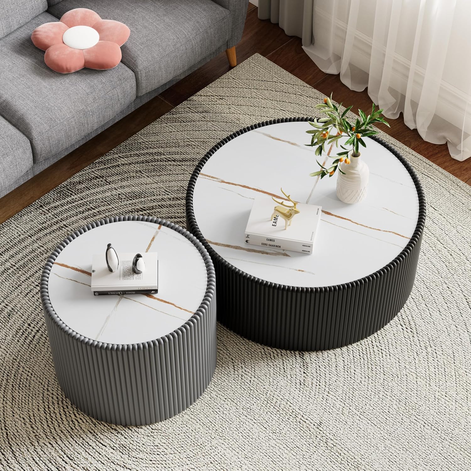 Round Coffee Table Set, 29.52' Black Drum Center Table and 17.71' Grey Coffee Table Set, 2 Pieces Living Room Table Set with Sintered Stone Tabletop, Fluted PU Leather Covered and Stable Base