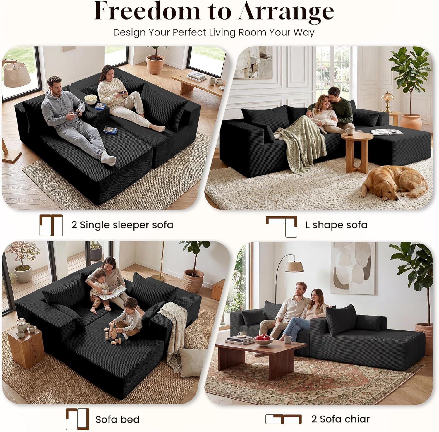 GRUSIGN 106' Oversized Sectional Boneless Sleeper Sofa Bed Couches for Living Room, Modular L Shaped Couch with Left Facing Chaise & Big Ottoman, Compressed Spineless Corduroy Cloud Sofas, Black | Deep Seat