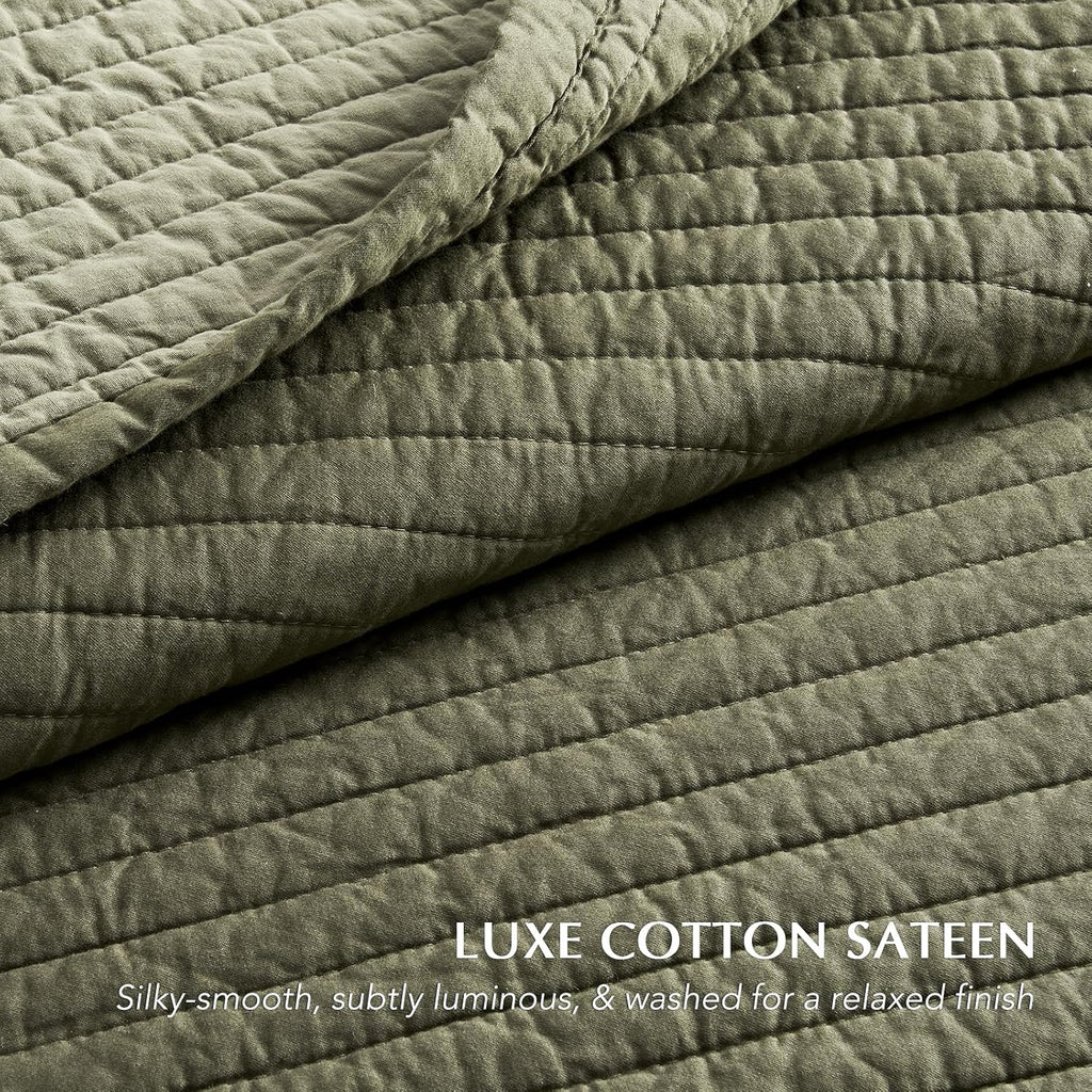 EVERGRACEHOME Cotton Sateen Quilt Set King Size, Pre-Washed Cotton Channel Stitch Coverlet Bedspread, 3 Pieces Lightweight Soft Bedding Sets for All Season, with 2 Pillow Shams, Olive Green