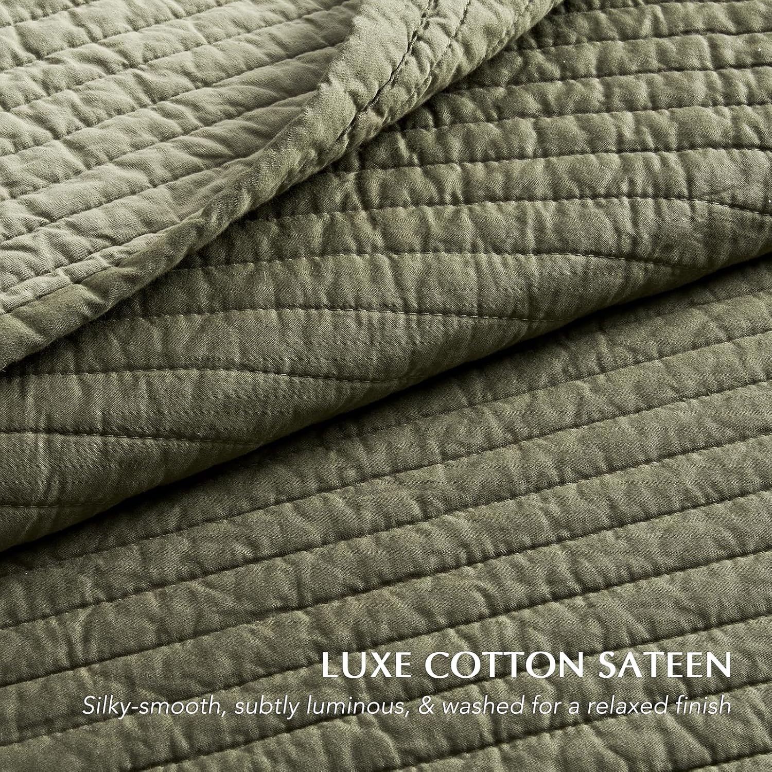 EVERGRACEHOME Cotton Sateen Quilt Set King Size, Pre-Washed Cotton Channel Stitch Coverlet Bedspread, 3 Pieces Lightweight Soft Bedding Sets for All Season, with 2 Pillow Shams, Olive Green