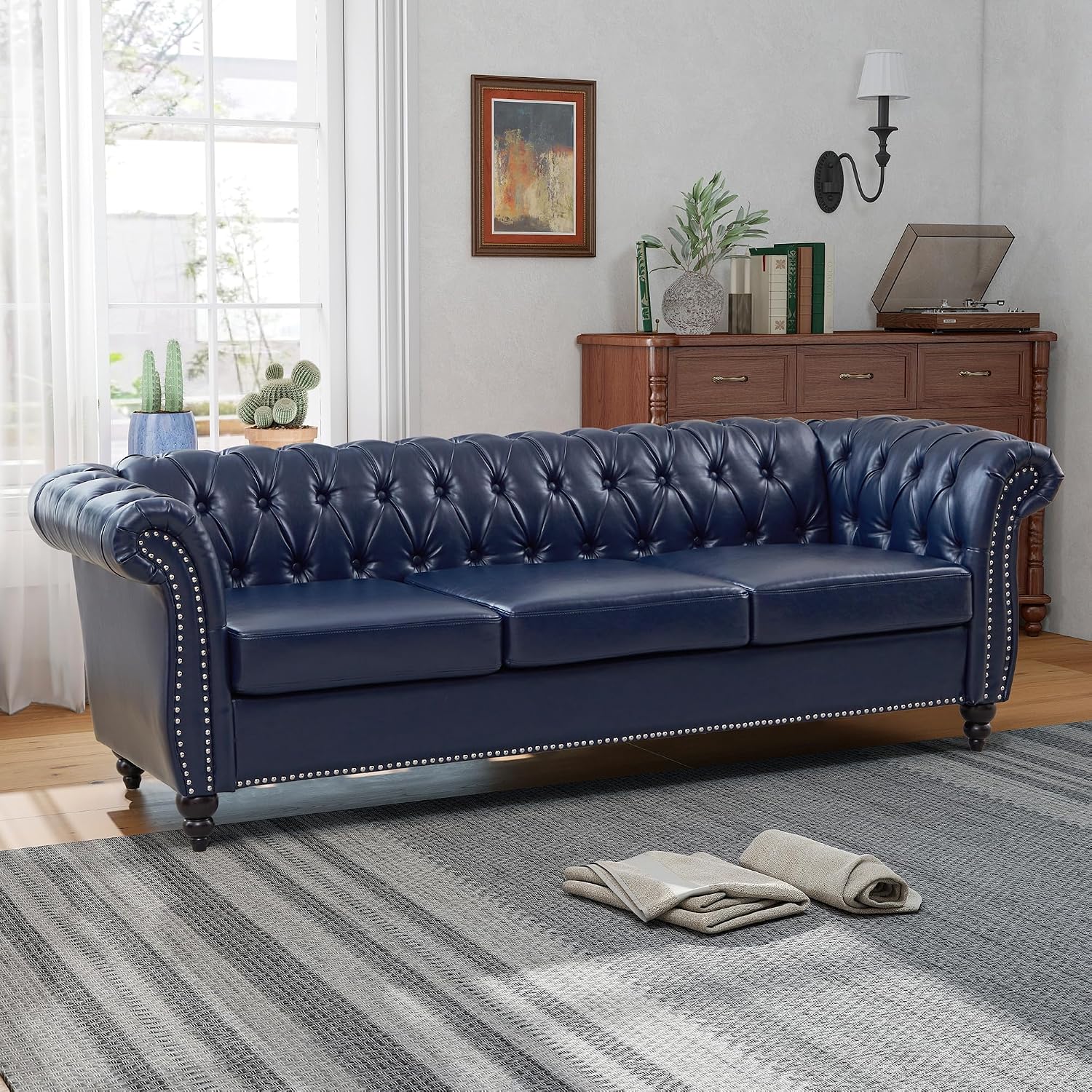 QHITTY Accent Large Sofa, Chesterfield Couch 3 Seater Modern Leather Couch Upholstered Sofa with Tufted Back for Living Room Furniture (Blue)
