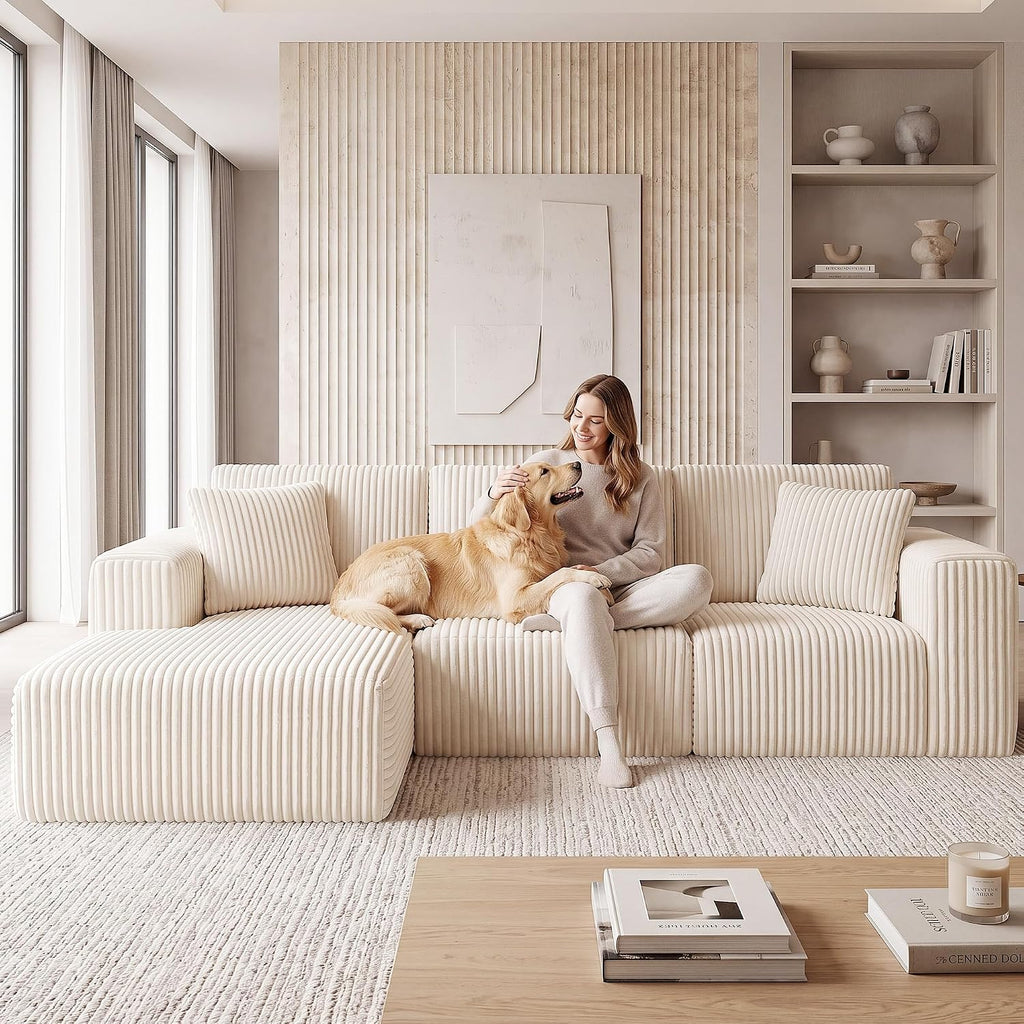 GRUSIGN 107'' Cloud Sectional Boneless Couches for Living Room, Modular L Shaped Couch with Deep Seat Oversized Left Facing Chaise, Memory Foam Compressed Spineless 3 Seater Sofa, Wide-Striped Beige