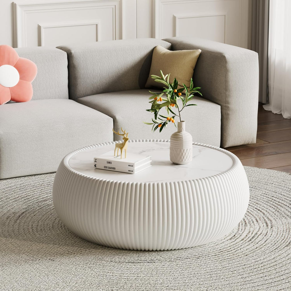 White Round Coffee Table, 27.55' Drum Coffee Table with Sintered Stone Tabletop and Fluted PU Leather Covered and Stable Base, Circle Cocktail Tea Table for Living Room