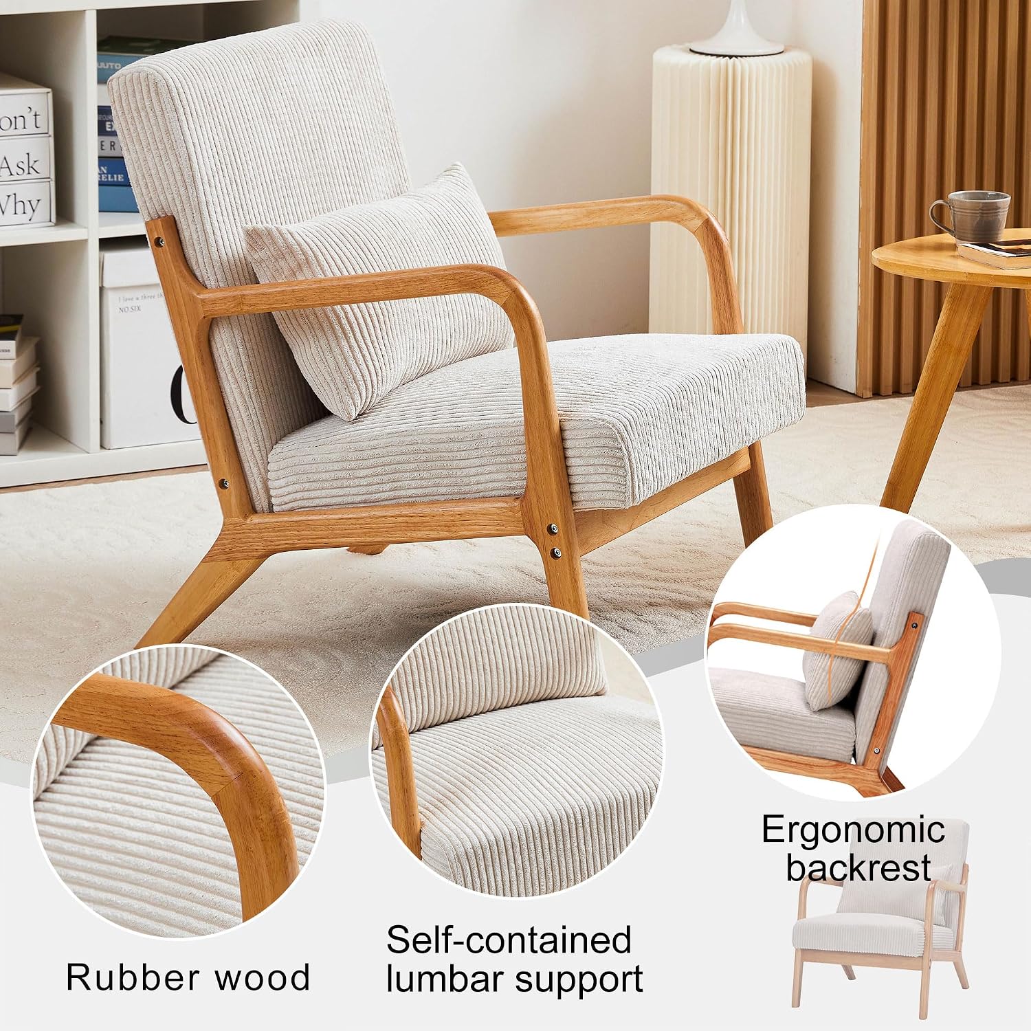QQU Corduroy Accent Chairs with Waist Cushions, Mid-Century Modern Living Room Chairs, Sturdy Wood Frame Armchairs, Upholstered Accent Chairs for Living Room, Bedroom, Apartments, Beige