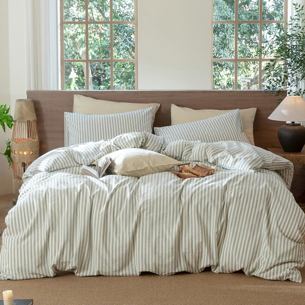 MooMee Striped Duvet Cover Set 100% Washed Cotton Linen Like Textured Breathable Durable Soft Comfy (Sage Green White Classic Stripes, Super King Plus 120'x120')