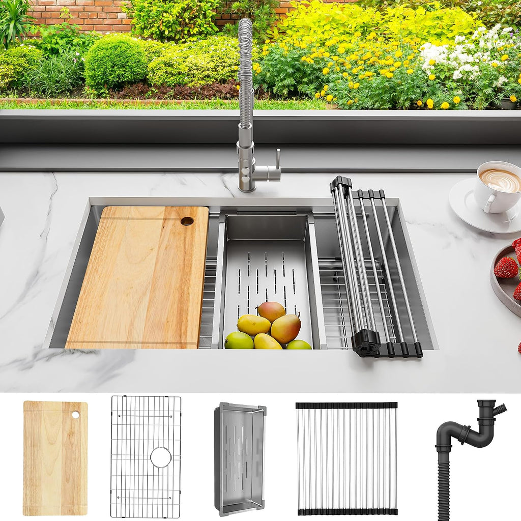 YITAHOME Kitchen Sink Undermount Workstation 32in, 304 Stainless Steel Single Bowl w/Ledge & Accessories, Honeycomb Surface Design, RV, Modern Bar Sink 32x19x10in, Silver