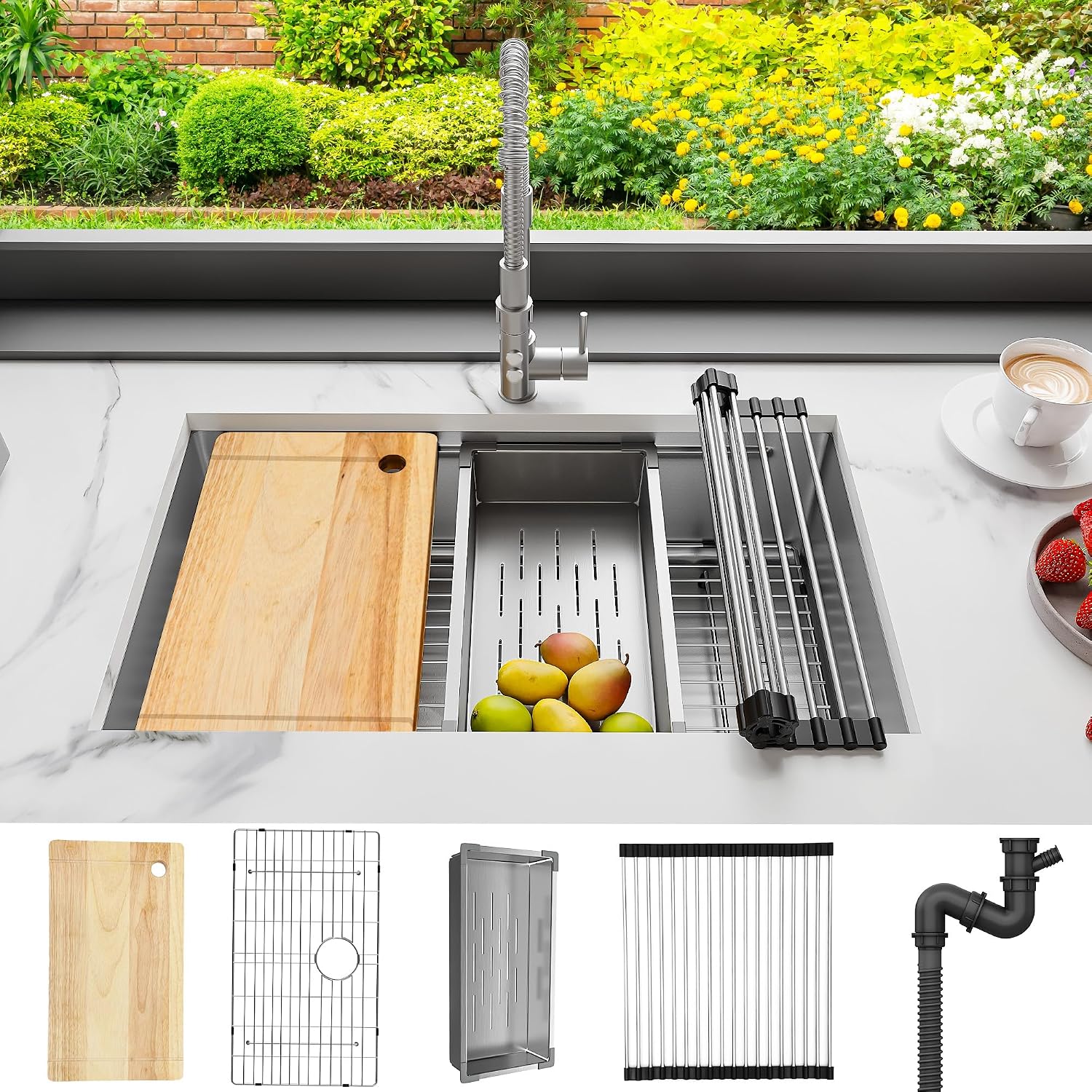 YITAHOME Kitchen Sink Undermount Workstation 32in, 304 Stainless Steel Single Bowl w/Ledge & Accessories, Honeycomb Surface Design, RV, Modern Bar Sink 32x19x10in, Silver