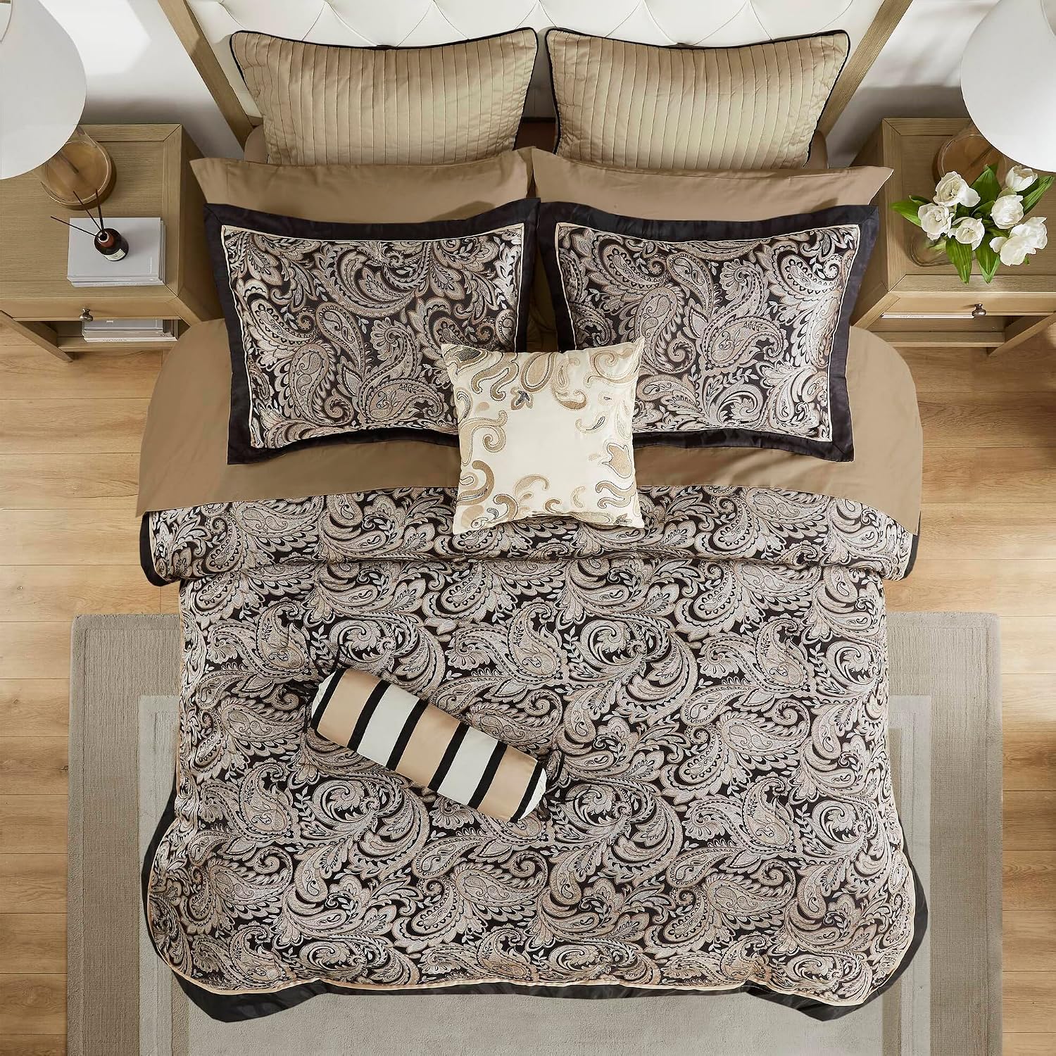 Madison Park Aubrey Cozy Comforter Set, Faux Silk Jacquard Paisley Design - All Season Down Alternative Bedding with Cotton Bed Sheets, Bed Skirt & Toss Pillows, Full Black 12 Piece