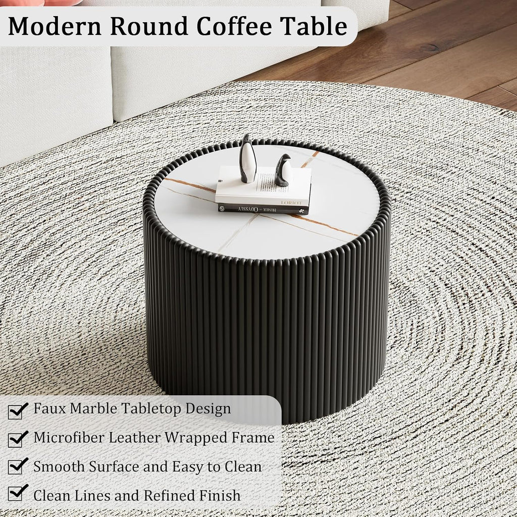 17.71' Black Round Coffee Table, Drum Coffee Table with Sintered Stone Tabletop and Fluted PU Leather Covered and Stable Base, Circle Cocktail Tea Table for Living Room