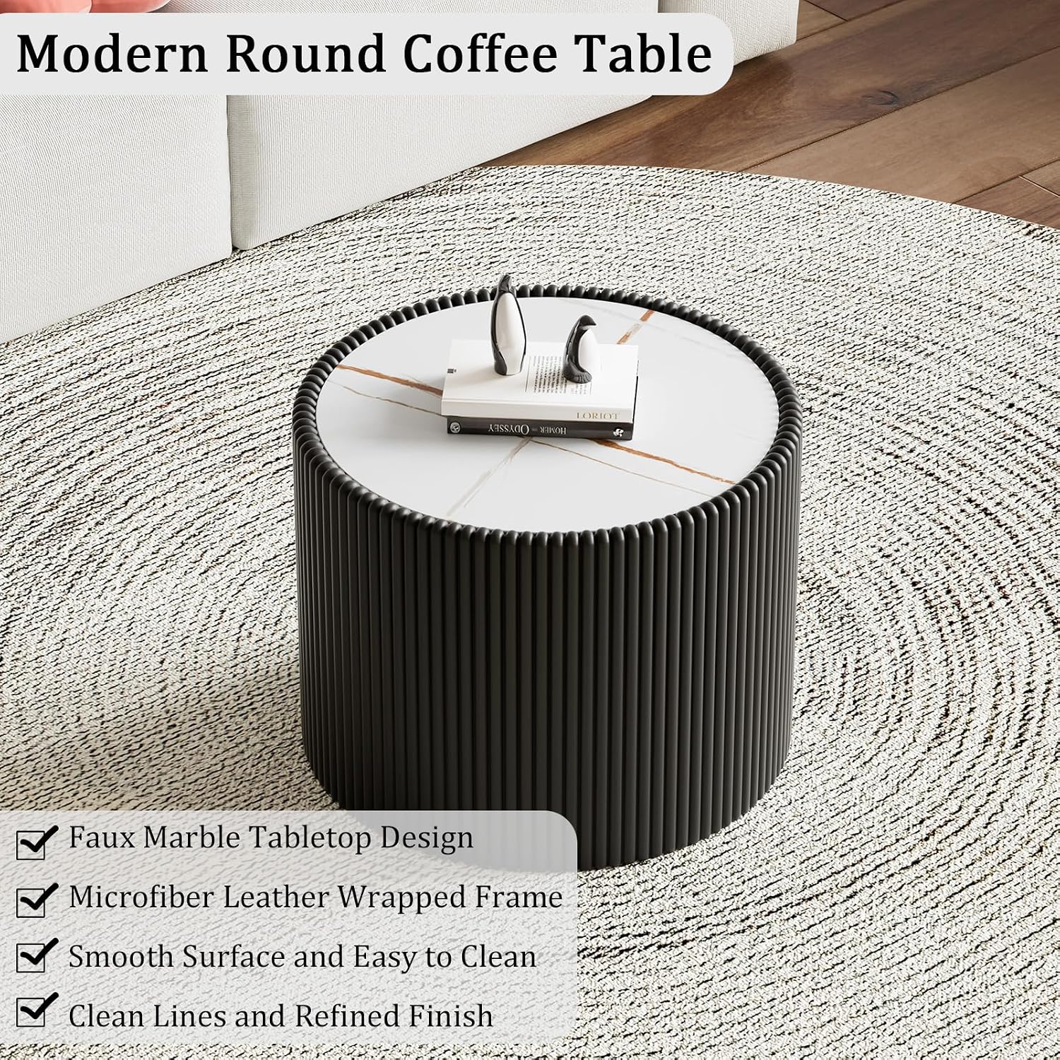 17.71' Black Round Coffee Table, Drum Coffee Table with Sintered Stone Tabletop and Fluted PU Leather Covered and Stable Base, Circle Cocktail Tea Table for Living Room