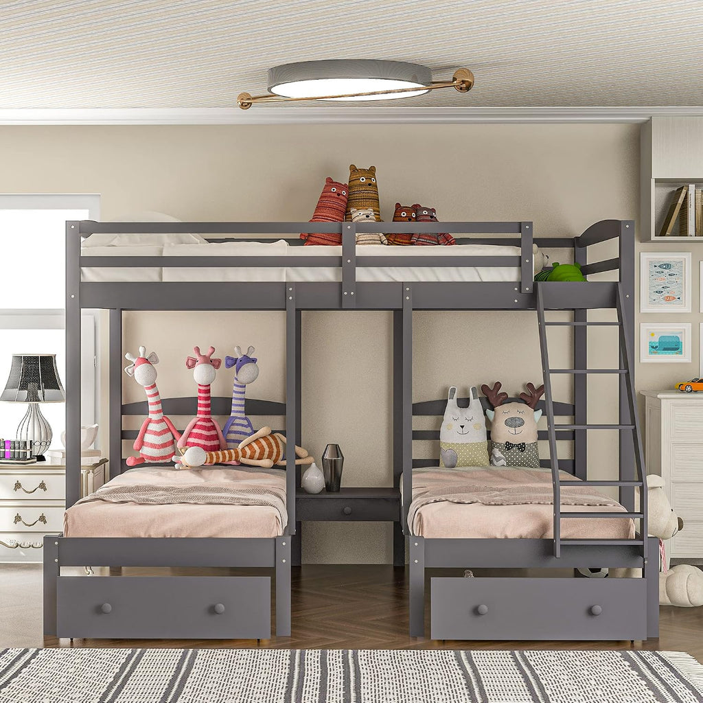 Wood Triple Bed Bunk Bed with 2 Storage Drawers, 3-in 1 Full Over Twin & Twin Bunk Bed Frame with Built-in Middle Drawer, Guardrail Ladder for Kids Teens Adults, Maximized Space Design (Grey-full)