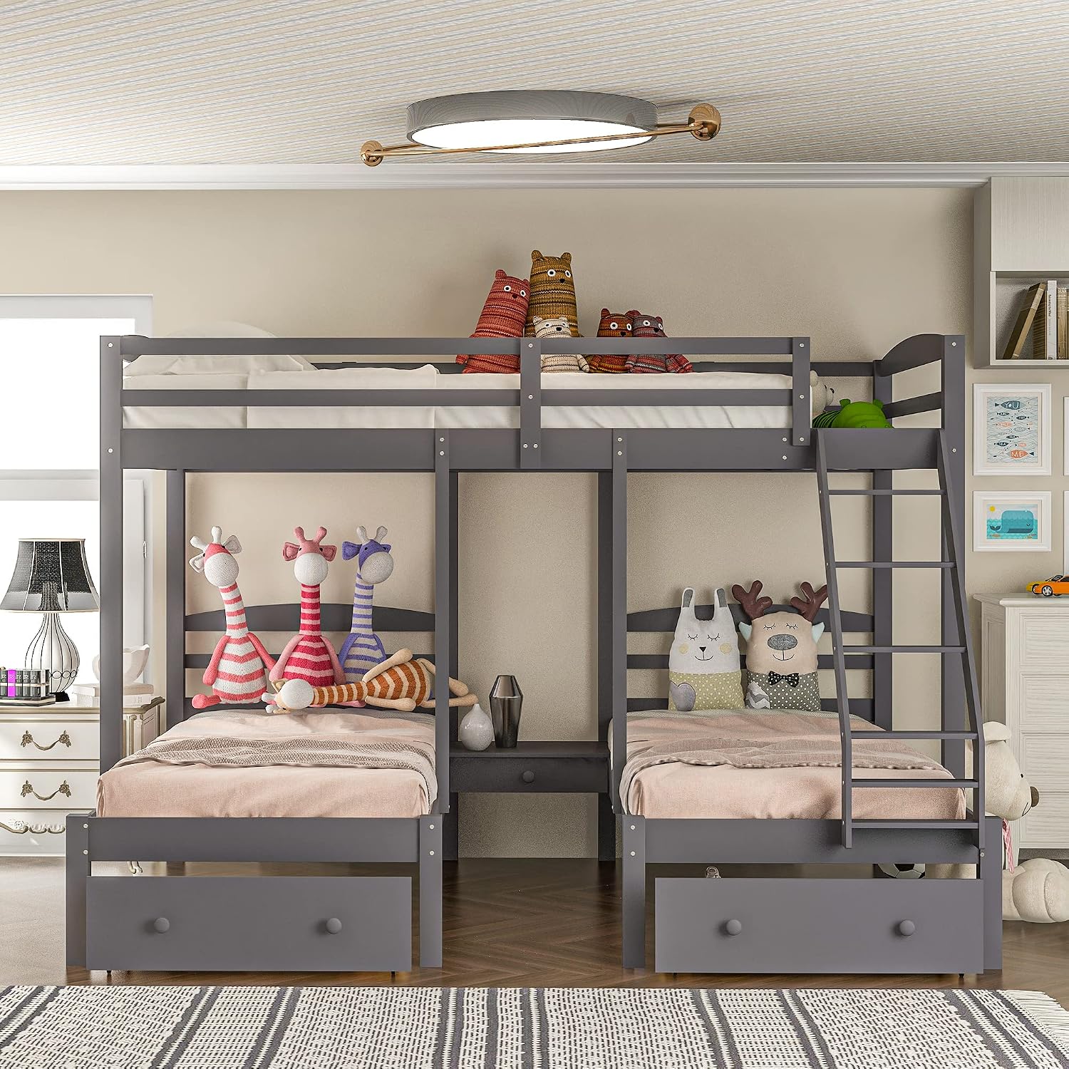 Wood Triple Bed Bunk Bed with 2 Storage Drawers, 3-in 1 Full Over Twin & Twin Bunk Bed Frame with Built-in Middle Drawer, Guardrail Ladder for Kids Teens Adults, Maximized Space Design (Grey-full)