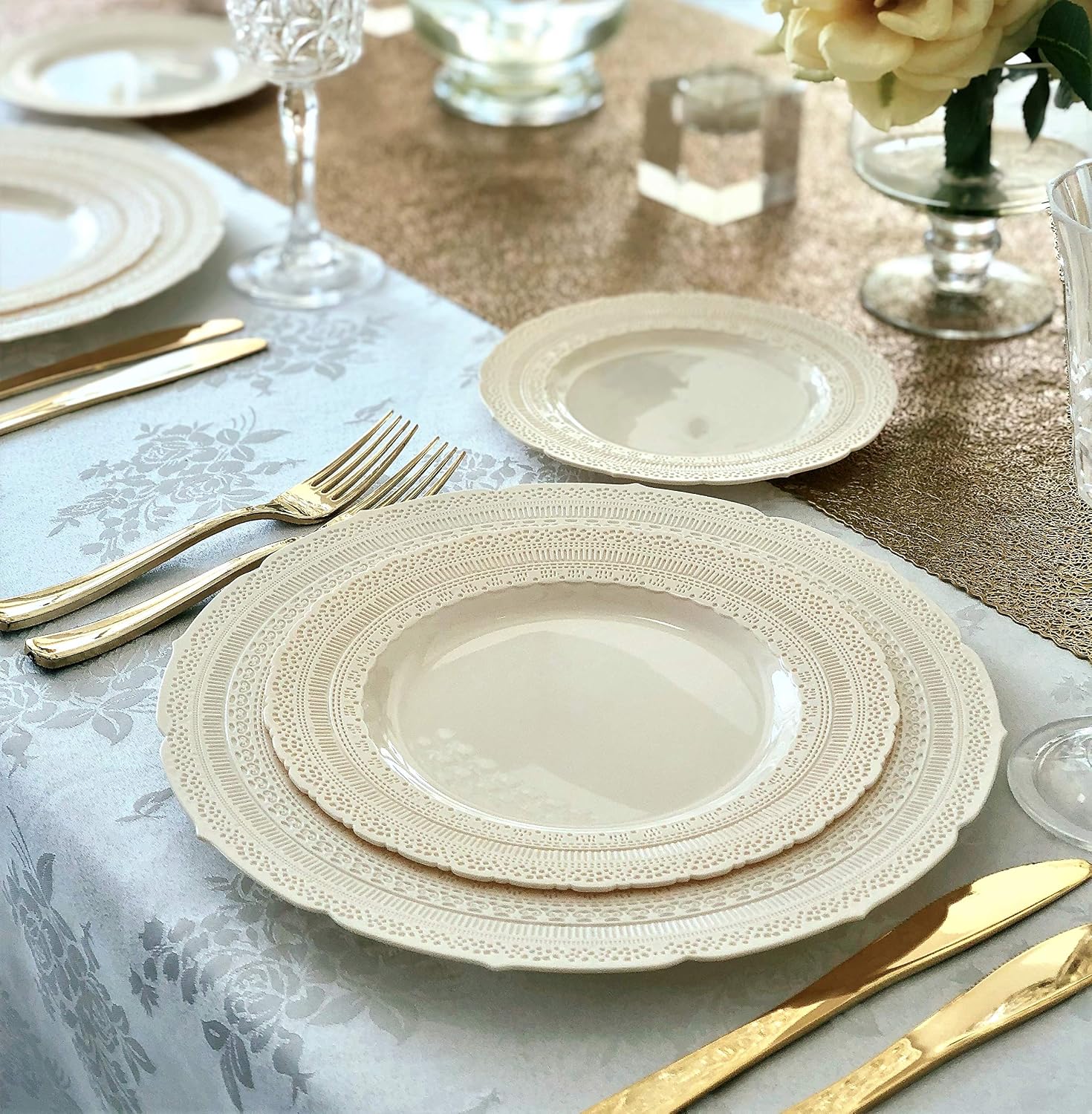 ' OCCASIONS ' 240 Plates Pack, Extra Heavyweight Vintage Wedding Party Disposable Plastic Plates (8.25'' Appetizer/dessert plate, Chateau Ivory)