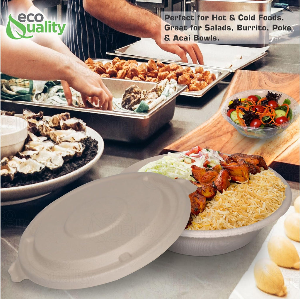 40 oz Round Disposable Compostable Paper Bowls with Fiber Dome Lids - Heavy Duty, Eco-Friendly Natural Sugarcane Bagasse, Heat Resistant, 100% Biodegradable Salad Bowls Alternative to Plastic (150)