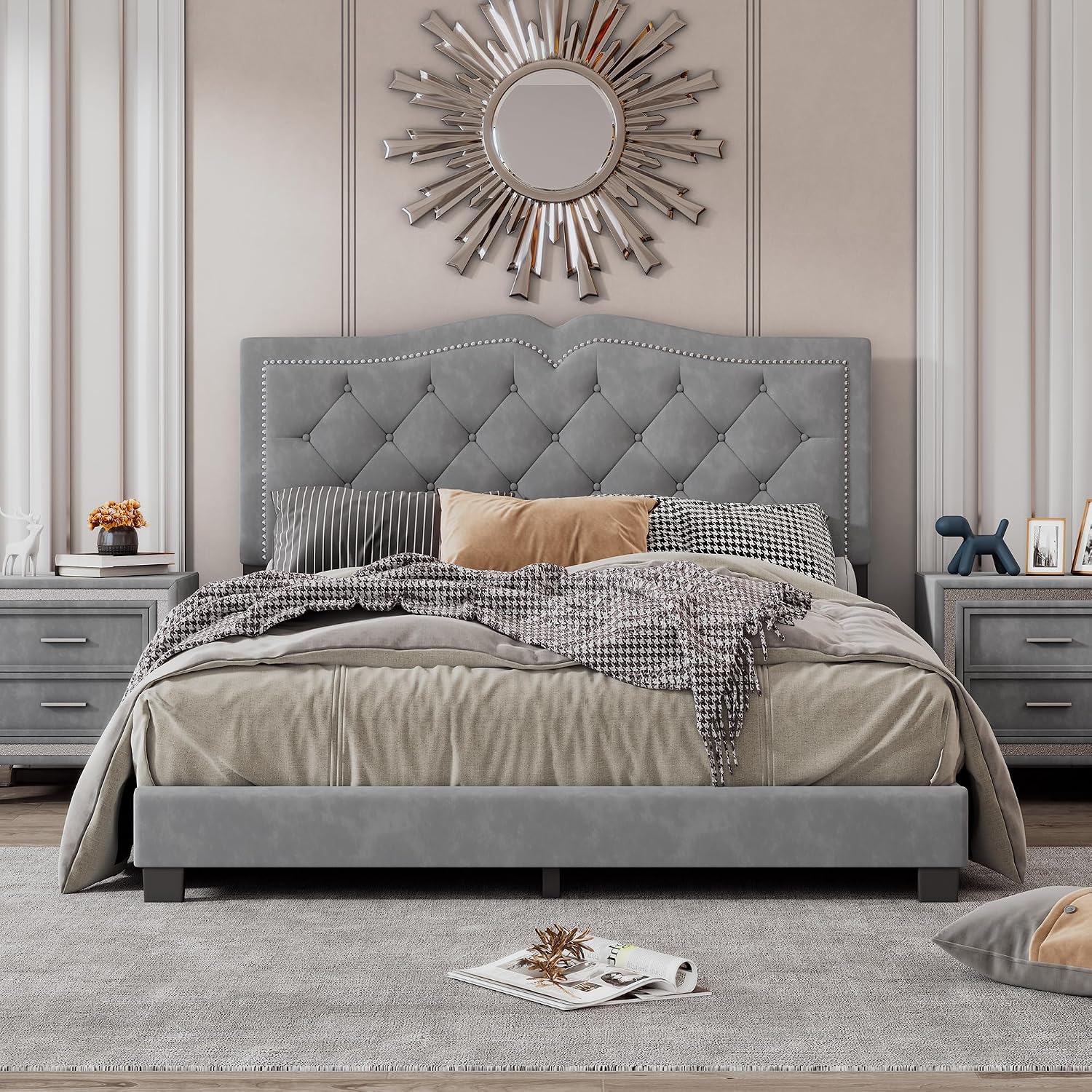 VilroCaz Elegant Velvet Design 3-Pieces Bedroom Sets, Modern Queen Size Platform Bed with 2 Nightstands, Bedside Table, Rivet Design Tufted Headboard