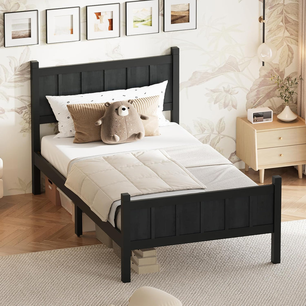 Twin Size Flat Panel Bed with Headboard & Footboard – Minimalist Modern Platform Bed with Wood Grain Finish, Shaker & Farmhouse, 11.5' Under-Bed Storage, Sleek & Functional (Black3, Twin)