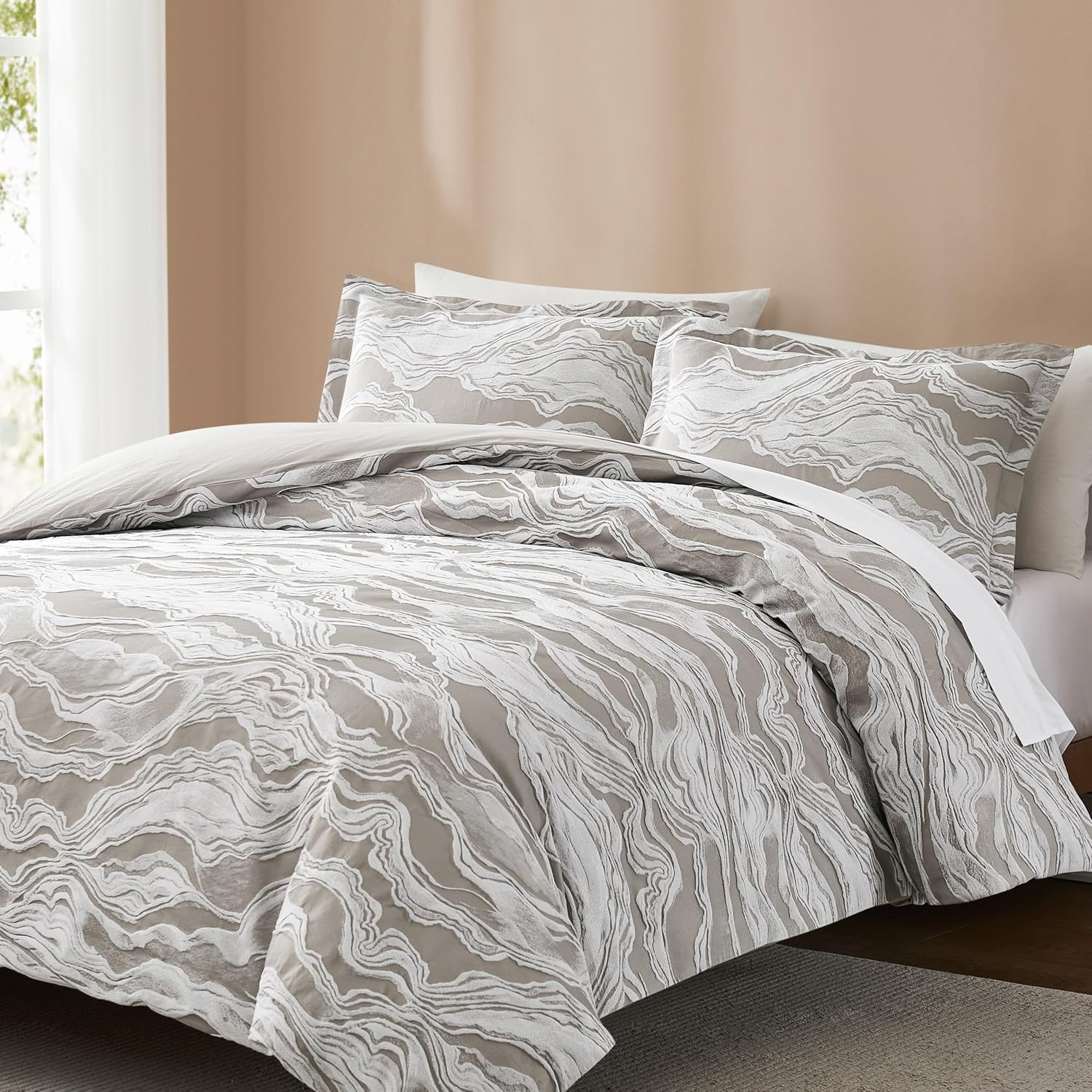 Lush Decor x Chuks Collins Cascade Wave Duvet Cover 3 Piece Set King Gray & White - Cotton Duvet Cover King - Luxury Bedding Set - Gray Duvet