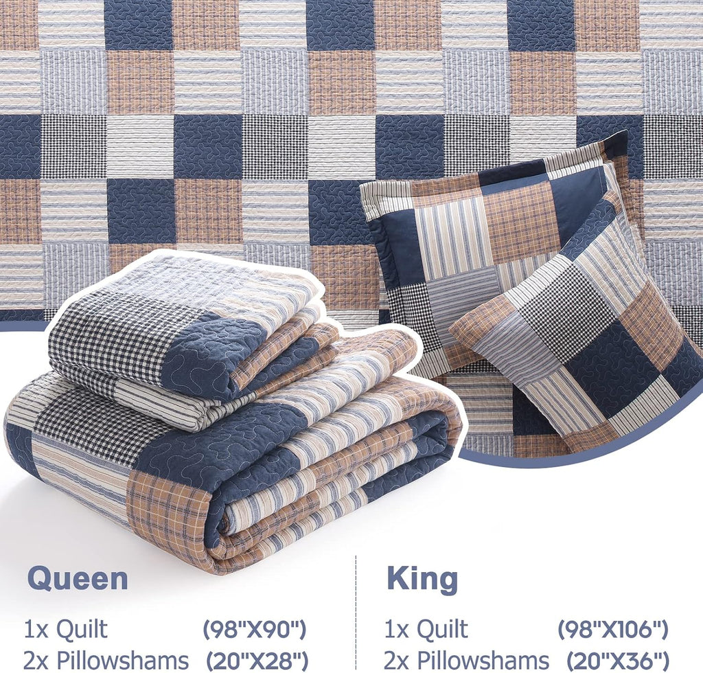 Finlonte Quilt King Size - 100% Cotton King Size Comforter Set Navy Brown White Plaid Farmhouse Quilt Bedding Set, Reversible Lightweight Soft Bedspread, Quilted Coverlet All-Season, 3-Piece