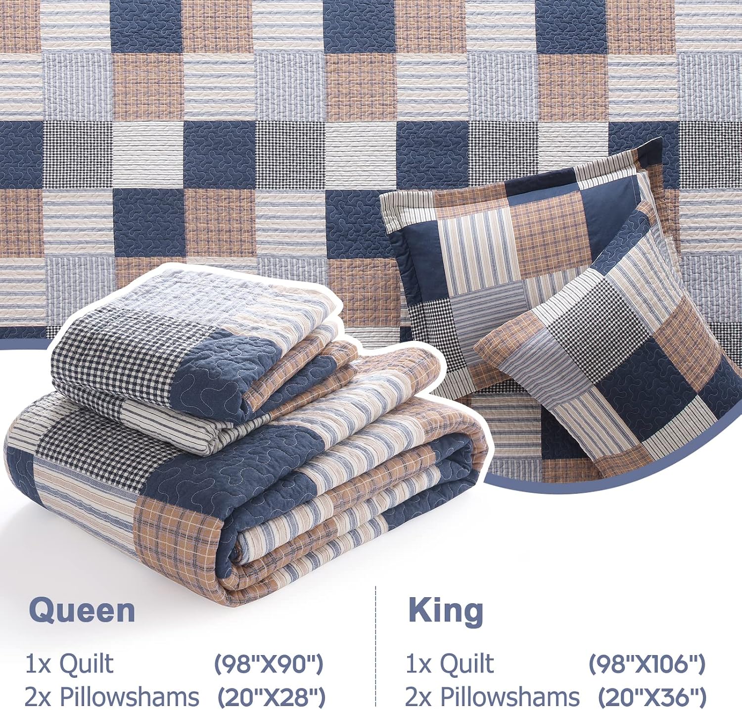 Finlonte Quilt King Size - 100% Cotton King Size Comforter Set Navy Brown White Plaid Farmhouse Quilt Bedding Set, Reversible Lightweight Soft Bedspread, Quilted Coverlet All-Season, 3-Piece