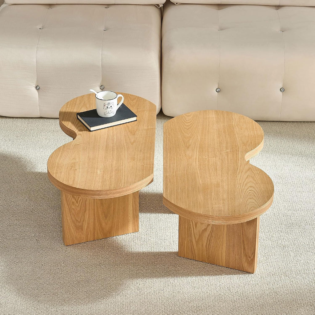 Nesting Coffee Table Set of 2 for Living Room, Couch/Bedroom Side, Butterfly Shaped Unique Cute, 31.49' Wood Irregular Fun Center Table for Small Space - Oak