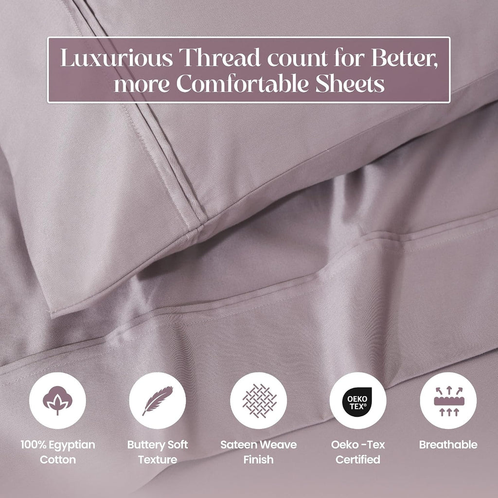 Superior 1200 Thread Count Egyptian Cotton Sheet Set, Bedroom Sheets, Modern Home Essentials, Luxury Bedding, 1 Elastic Deep Pocket Fitted Bed Sheet, 1 Flat Sheet, 2 Pillowcases, Queen, Zephyr
