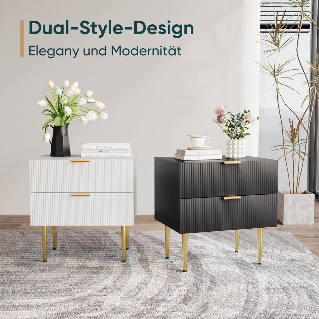 Semiocthome White Nightstand Set of 2, Mid Century Modern Night Stand with 2 Wave Fluted Panel Drawers, Bedside Table with Gold Metal Legs, Wide Tabletop Bed Side Table, End Tables for Living Room