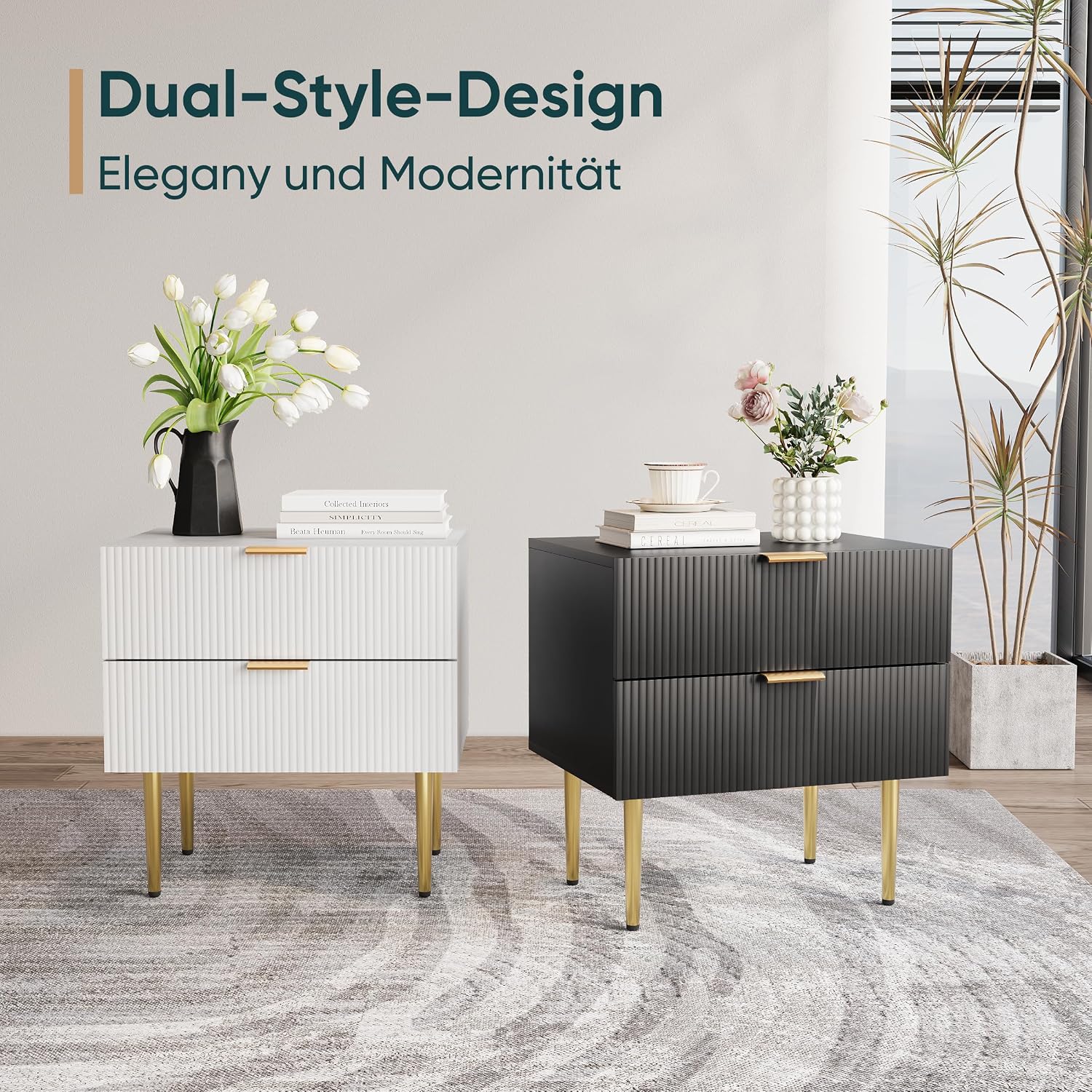 Semiocthome White Nightstand Set of 2, Mid Century Modern Night Stand with 2 Wave Fluted Panel Drawers, Bedside Table with Gold Metal Legs, Wide Tabletop Bed Side Table, End Tables for Living Room