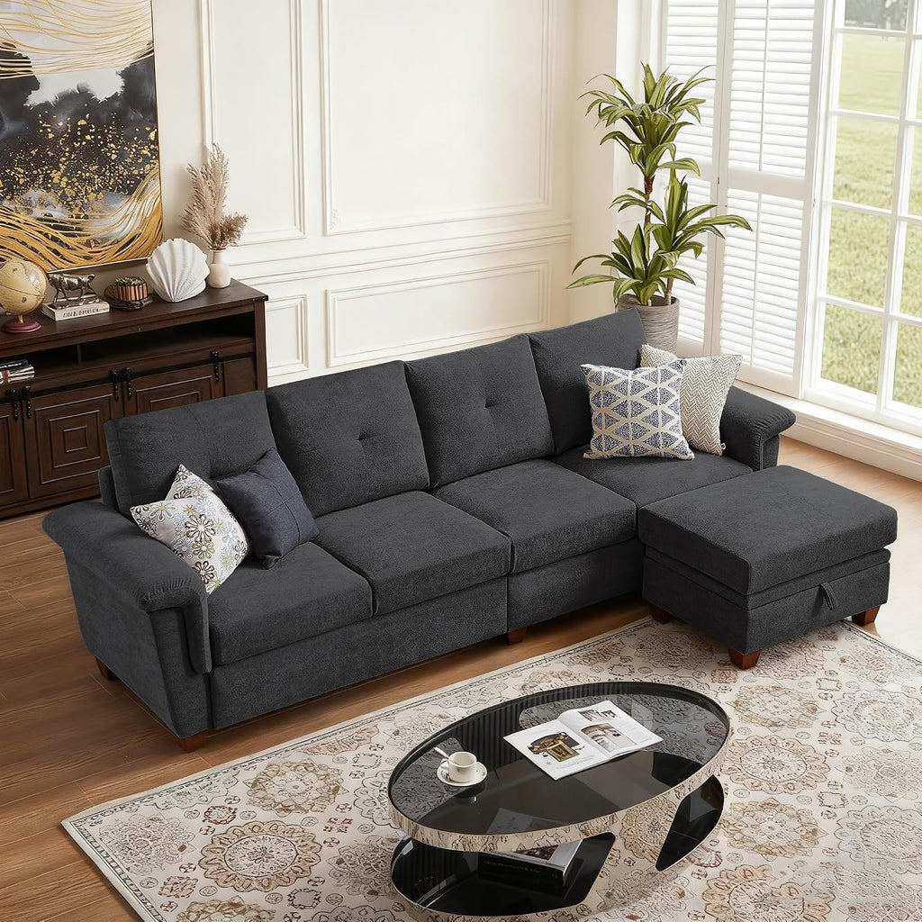 108' Sectional Sofa, Convertible L Shaped Sofa with Ottoman and Large Storage, 4 Seat Sectional Couch with Cup Holder, Couches for Living Room, Apartment, Office (Dark Grey)