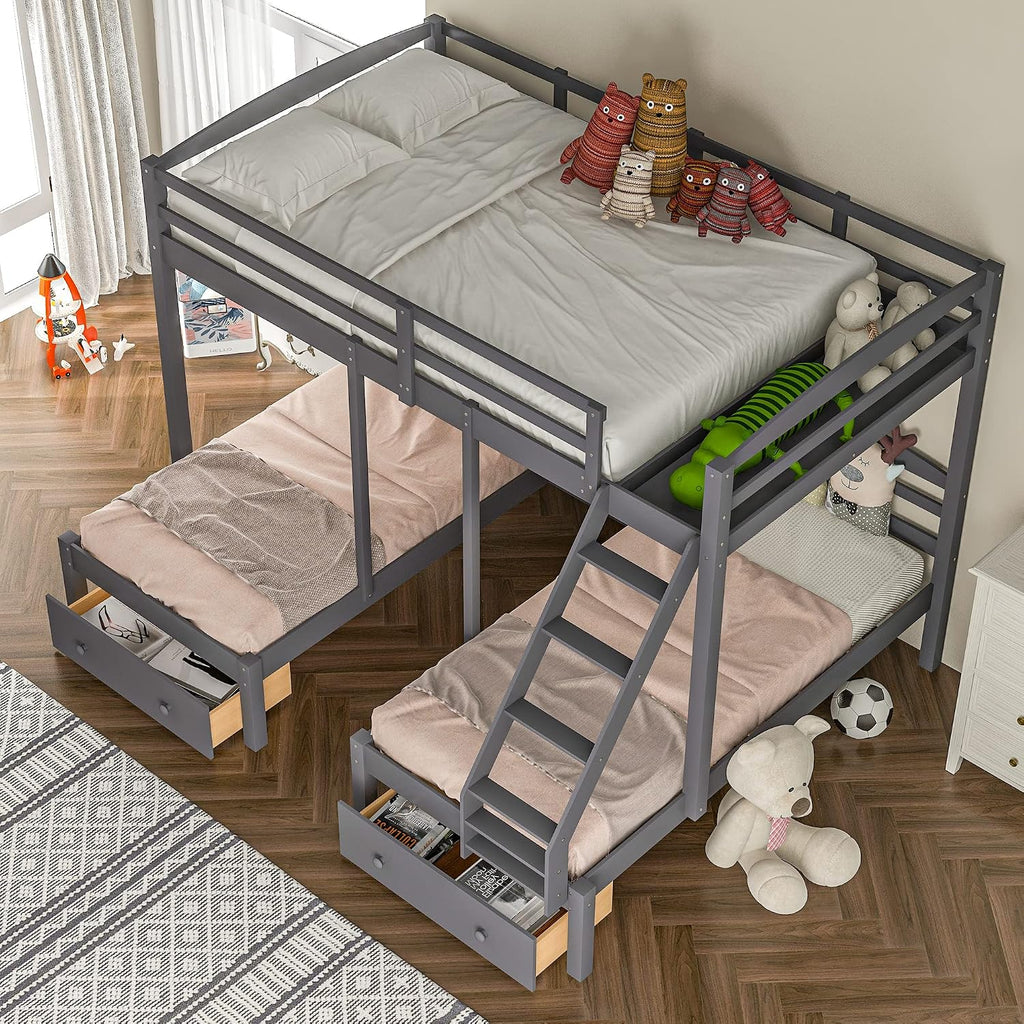 Wood Triple Bed Bunk Bed with 2 Storage Drawers, 3-in 1 Full Over Twin & Twin Bunk Bed Frame with Built-in Middle Drawer, Guardrail Ladder for Kids Teens Adults, Maximized Space Design (Grey-full)